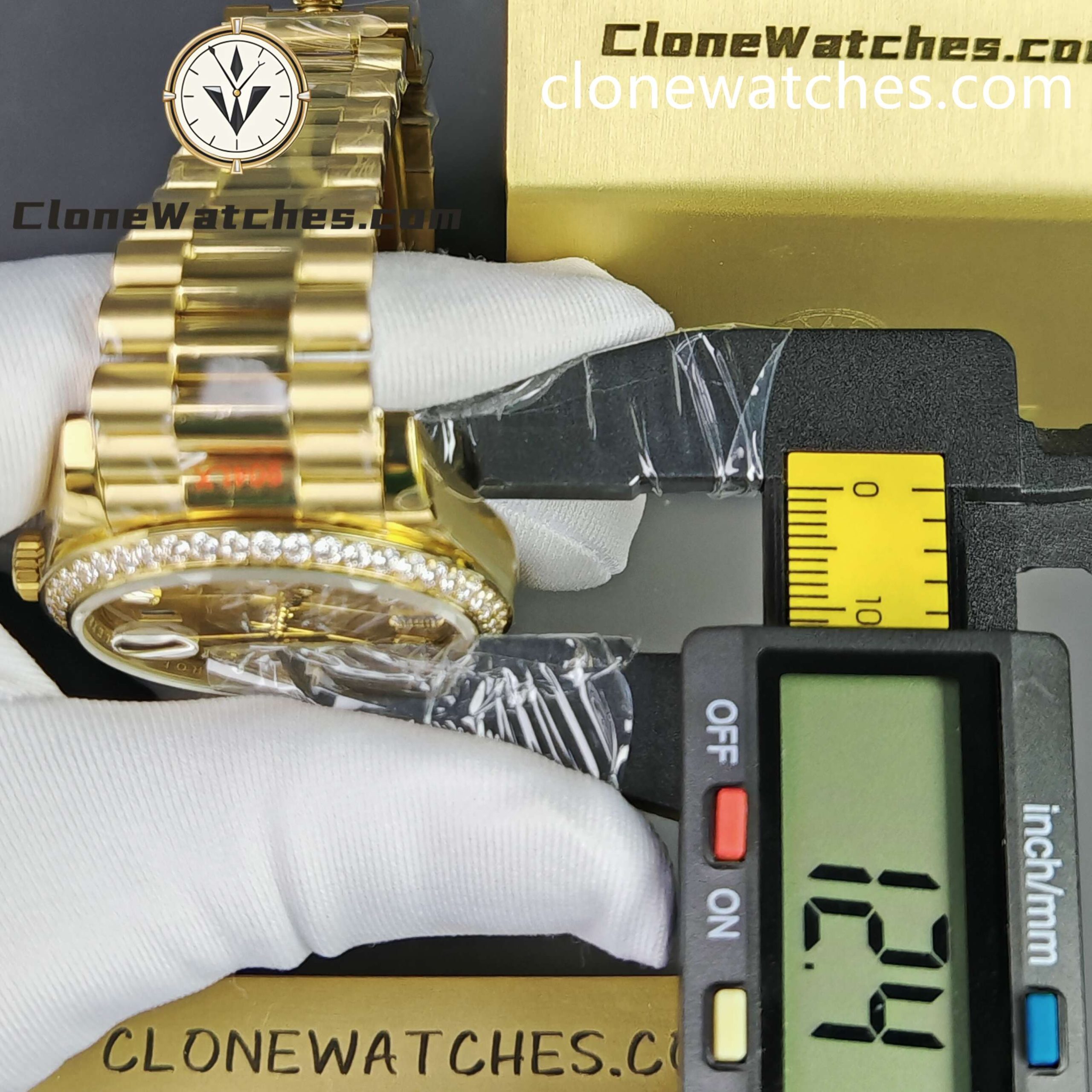 Rolex Super Clone Watches 1:1 Day Date Gold Dial Diamond Bezel M228348rbr-0002 40mm 3255 Movement
