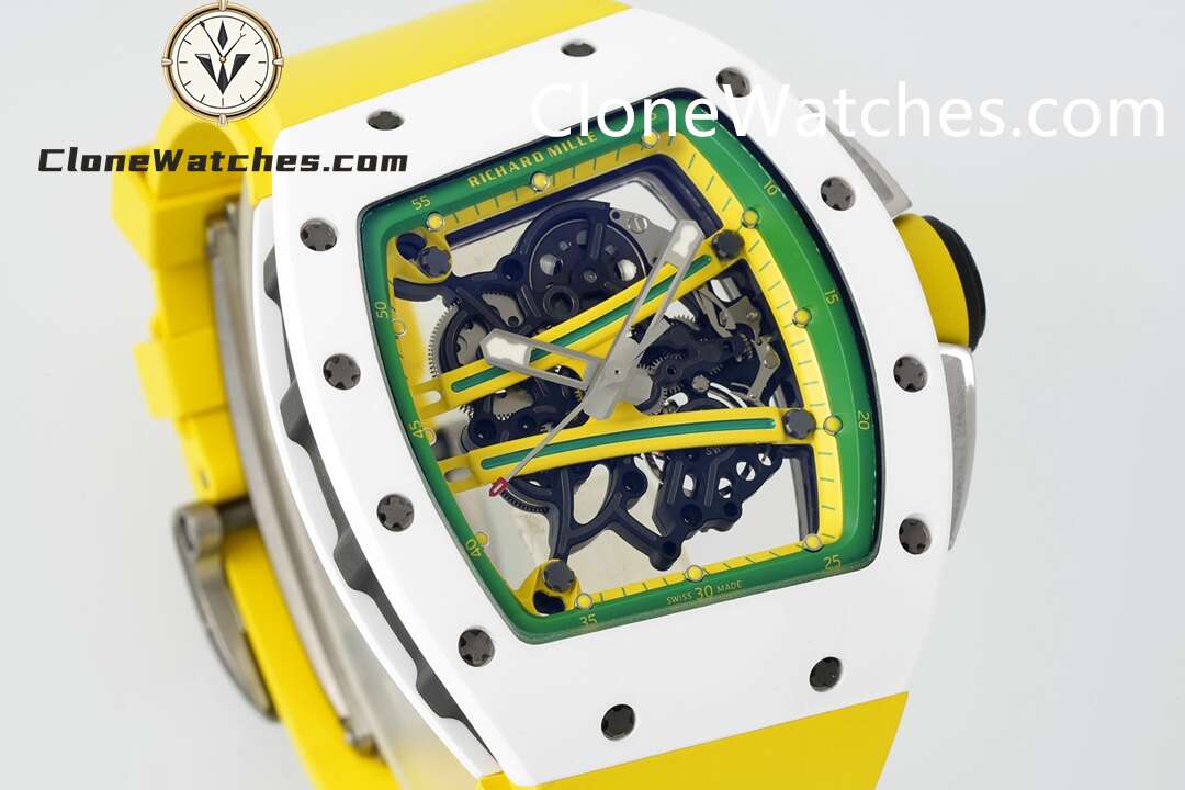 Richard Mille Super Clone Watches 1:1 RM 61-01 White Tourbillon Yellow Strap