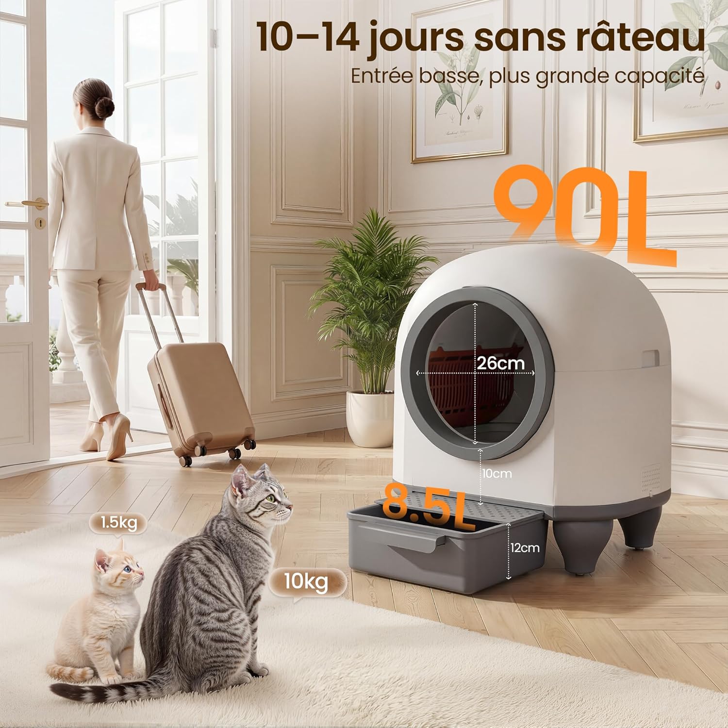 Litière chat autonettoyante grande capacité 90 L contrôle app 6 capteurs adaptée grands chats jusqu’à 10 kg