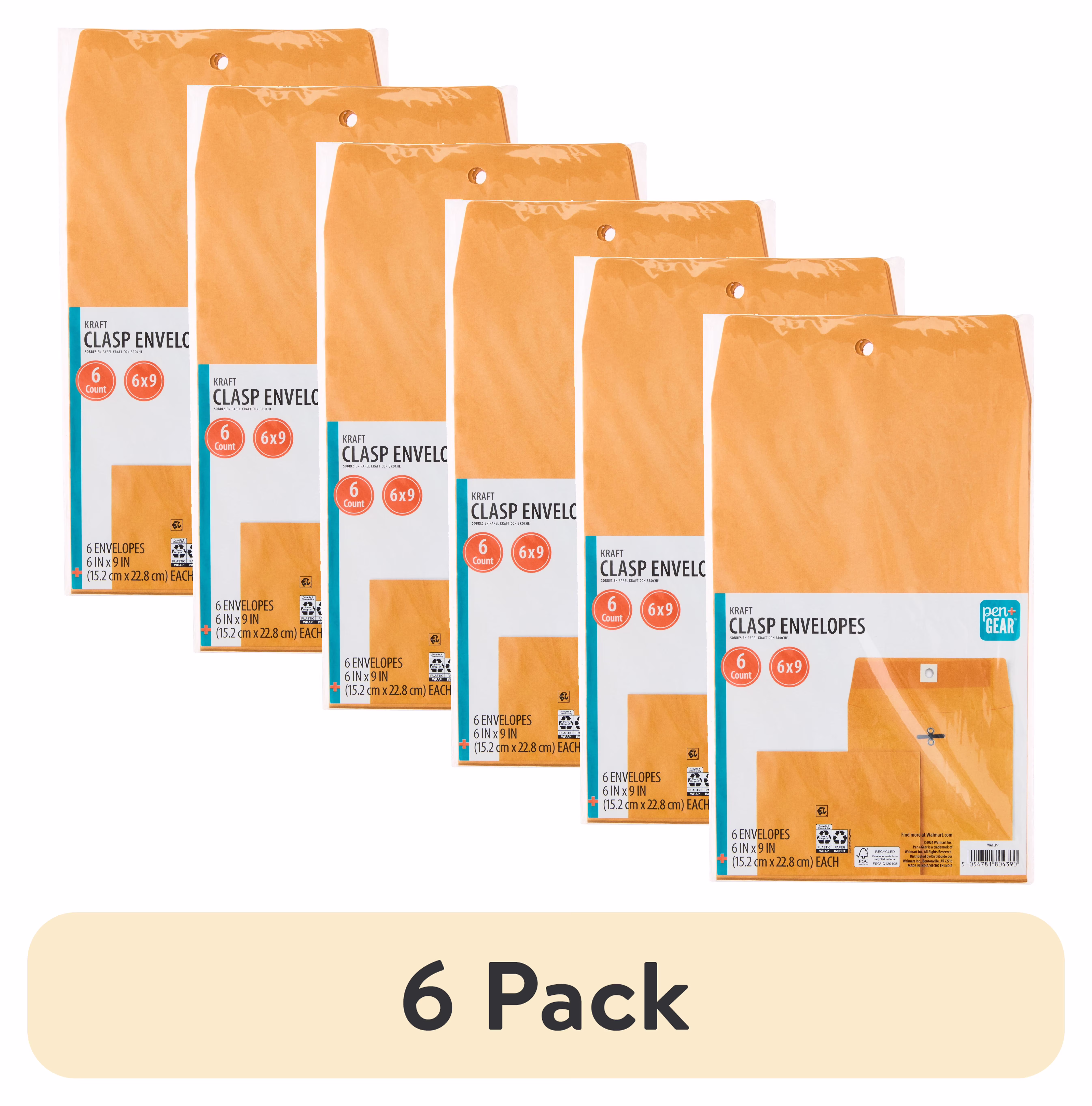 Pen+Gear Kraft Clasp Envelopes, 6 in x 9 in, 6 Count