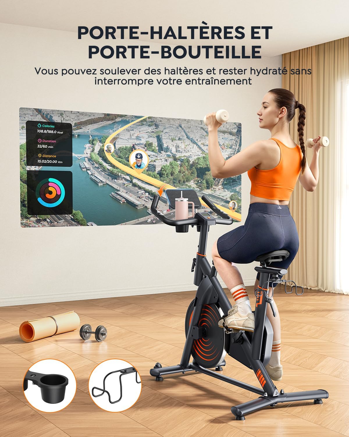 Vélo appartement connecté résistance magnétique volant 15 kg capacité 160 kg