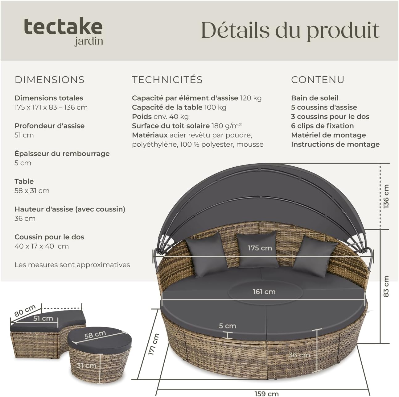 Bain de soleil modulable résine tressée pare soleil pliable coussins inclus