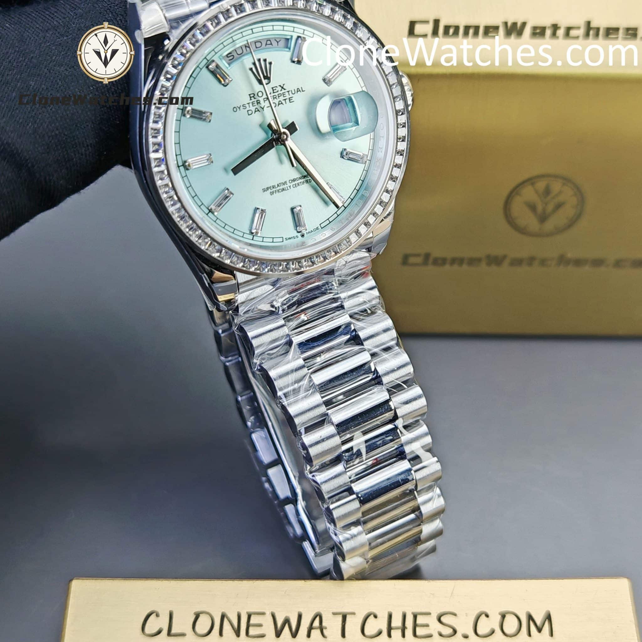 Rolex Super Clone Watches 1:1 Day Date Ice Blue Diamond Bezel Dial 36mm m128396tbr-0003 3255 Movement
