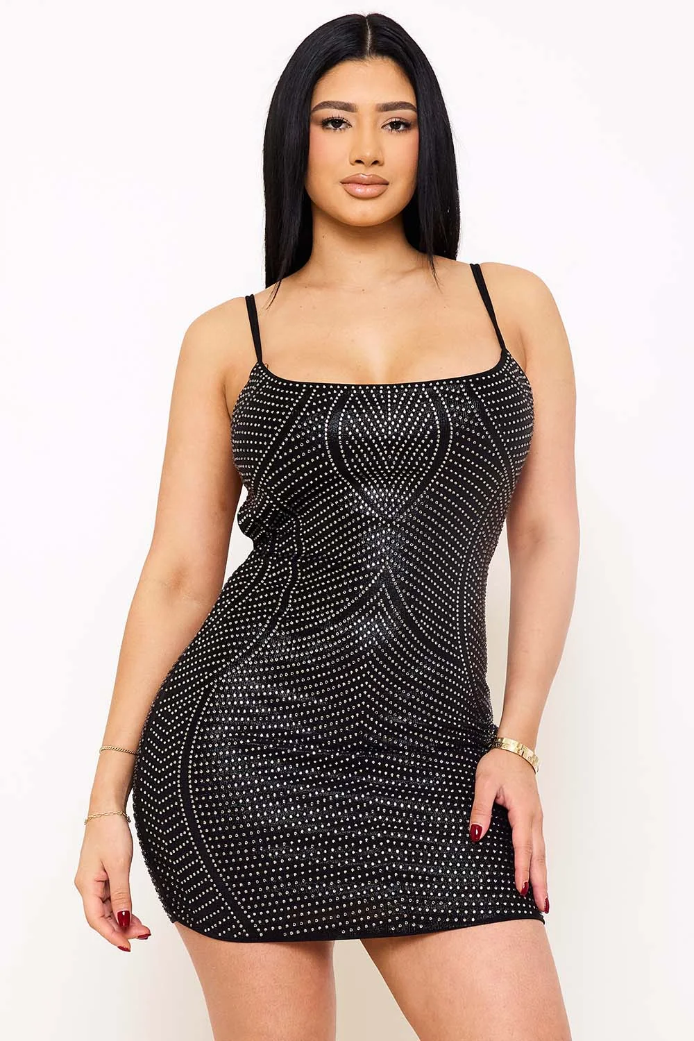 Symphony Dress - Rhinestone Patterned Slinky Foil Fabric Mini Dress