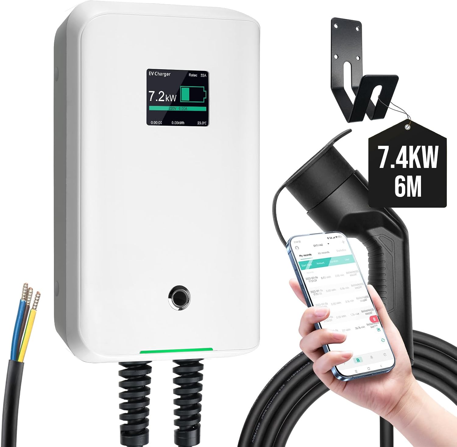 Chargeur EV type 2 32 A 7 kW câble 6 m connexion Bluetooth WiFi
