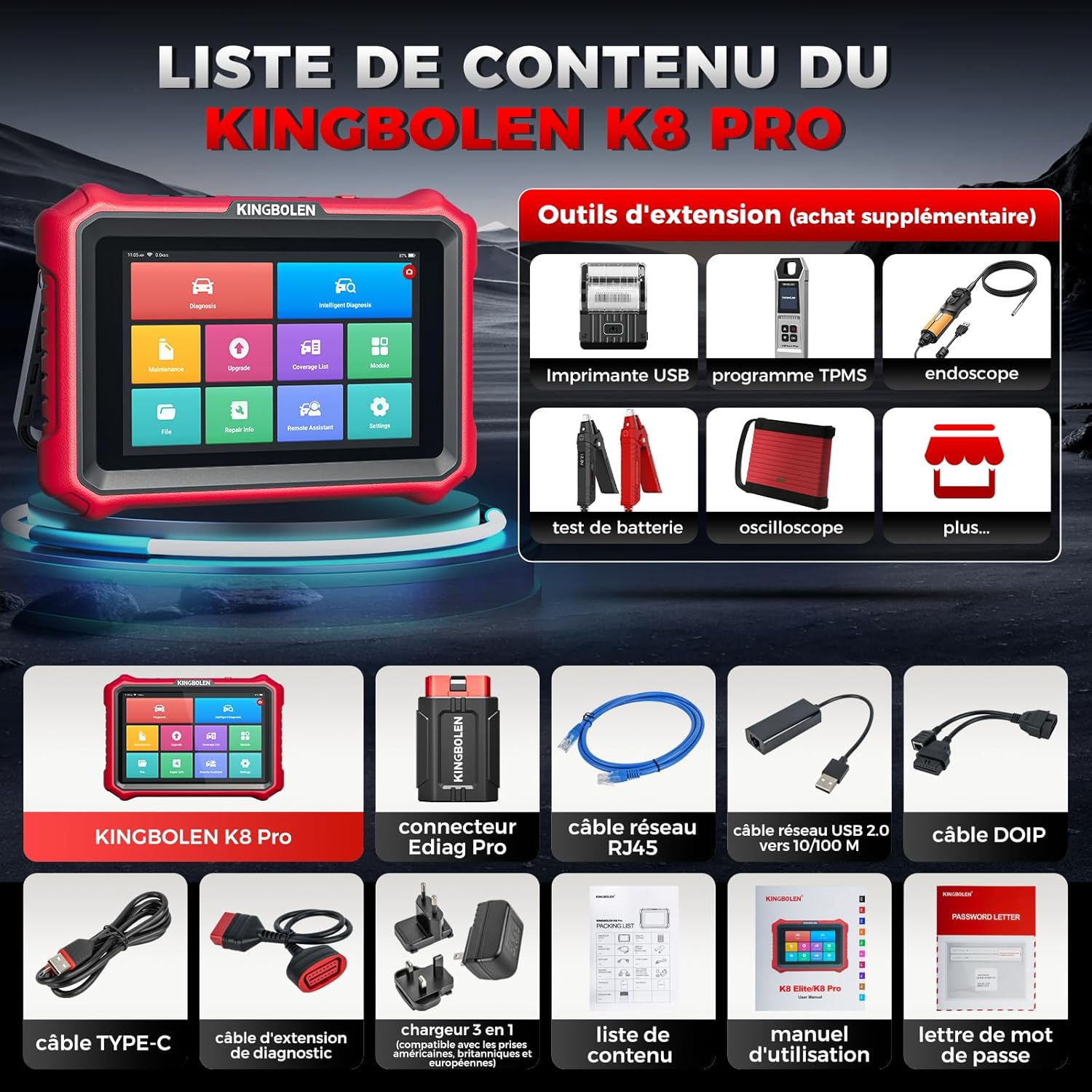 Valise diagnostic auto K8 Pro OBD2 systèmes complets 42 réinitialisations contrôle bidirectionnel CANFD DOIP