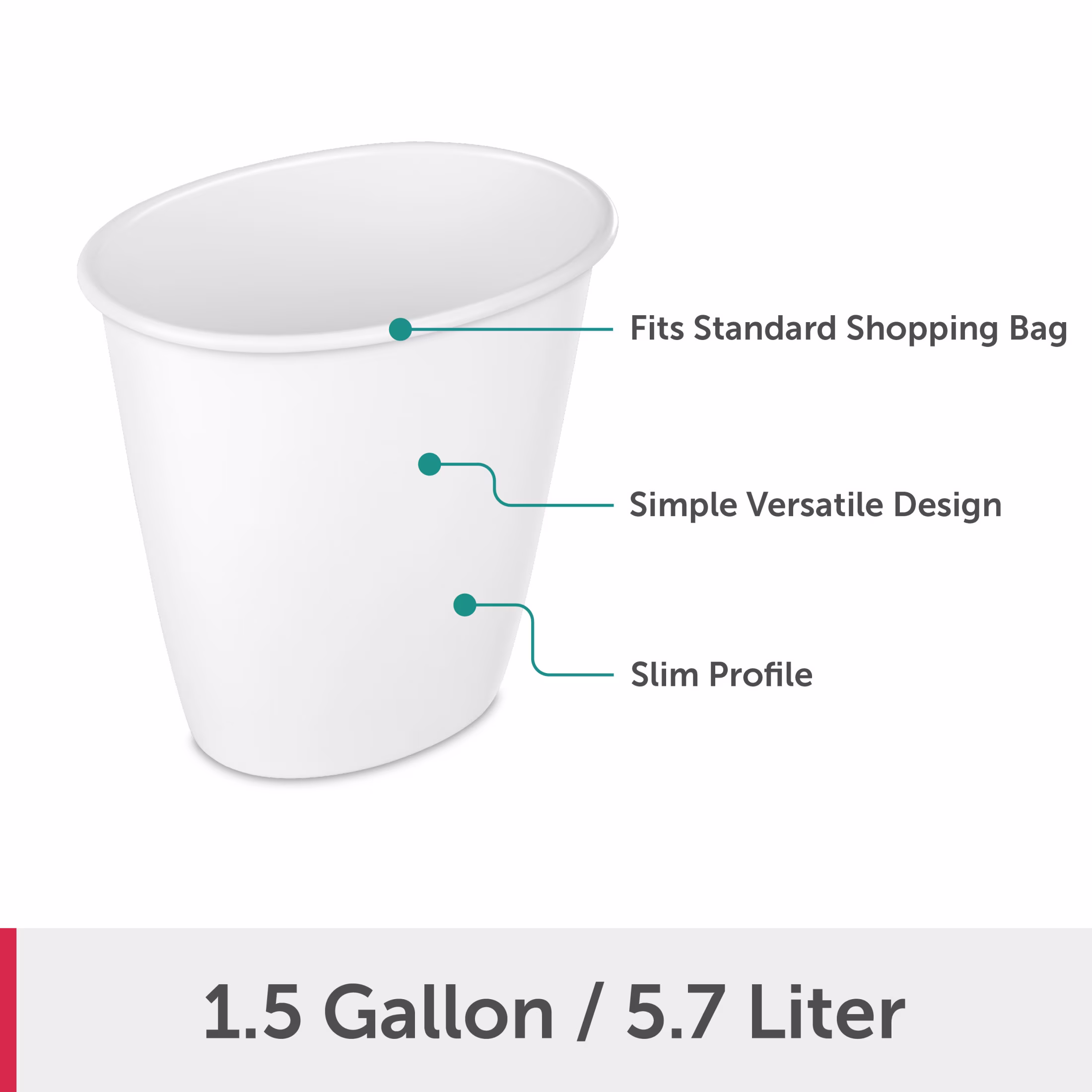 Sterilite Small Bathroom Trash Can, 1.5 Gallon Plastic Garbage Bucket Bin with No Lid, White