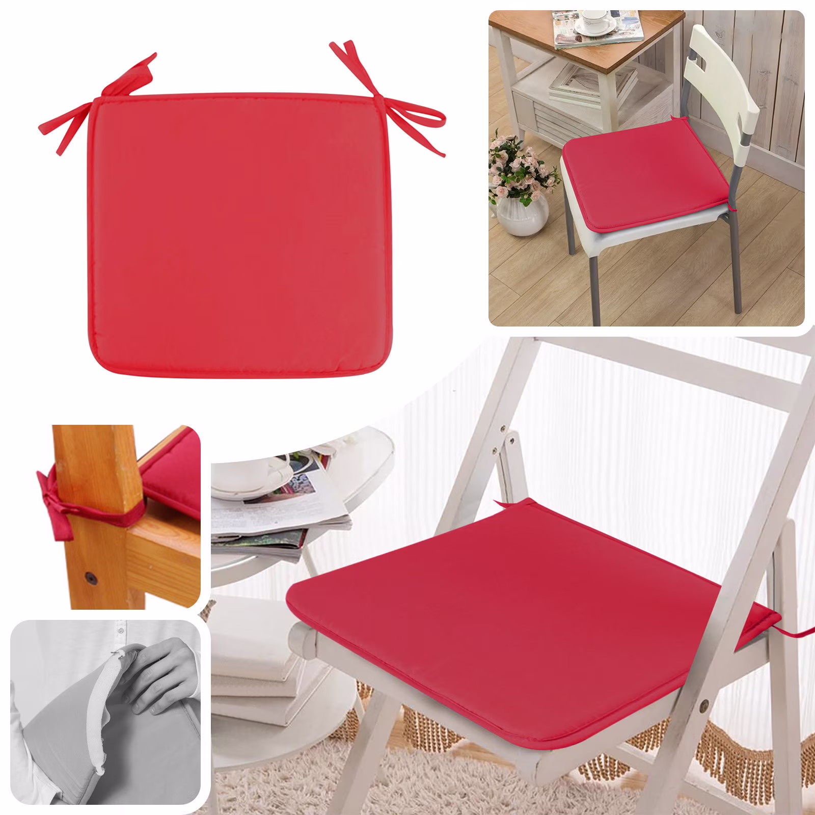 Clearance! Denhf Square Outdoor Chair Cushions, Thick Waterproof Seat Cushions with Ties, Sponge Filling Seat Cushions for Patio Garden Furniture, Bistro Chair Cushions, 15.7x15.7 Inch, Red