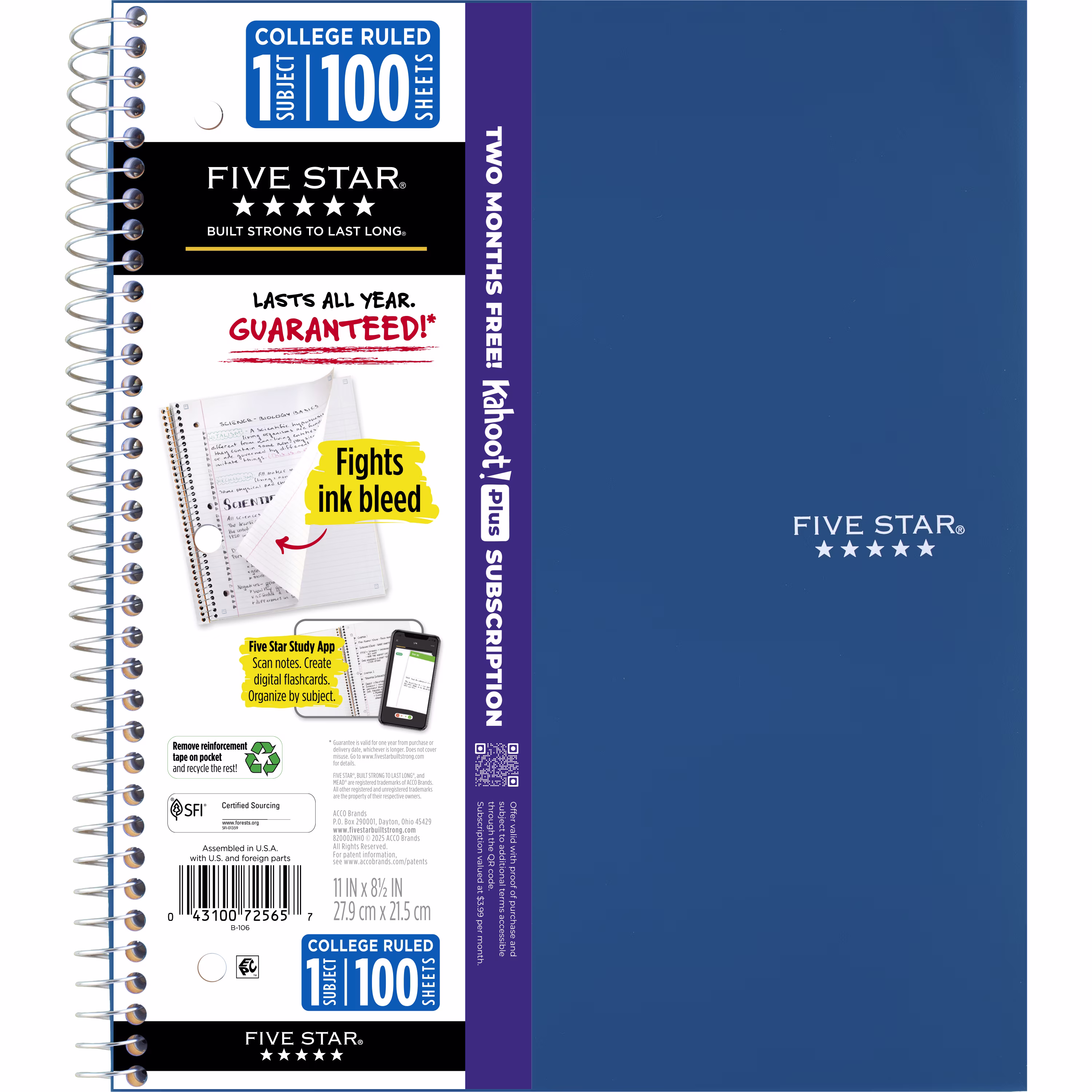 Five Star 1 Subject College Ruled Notebook Plus Study App, 8.5