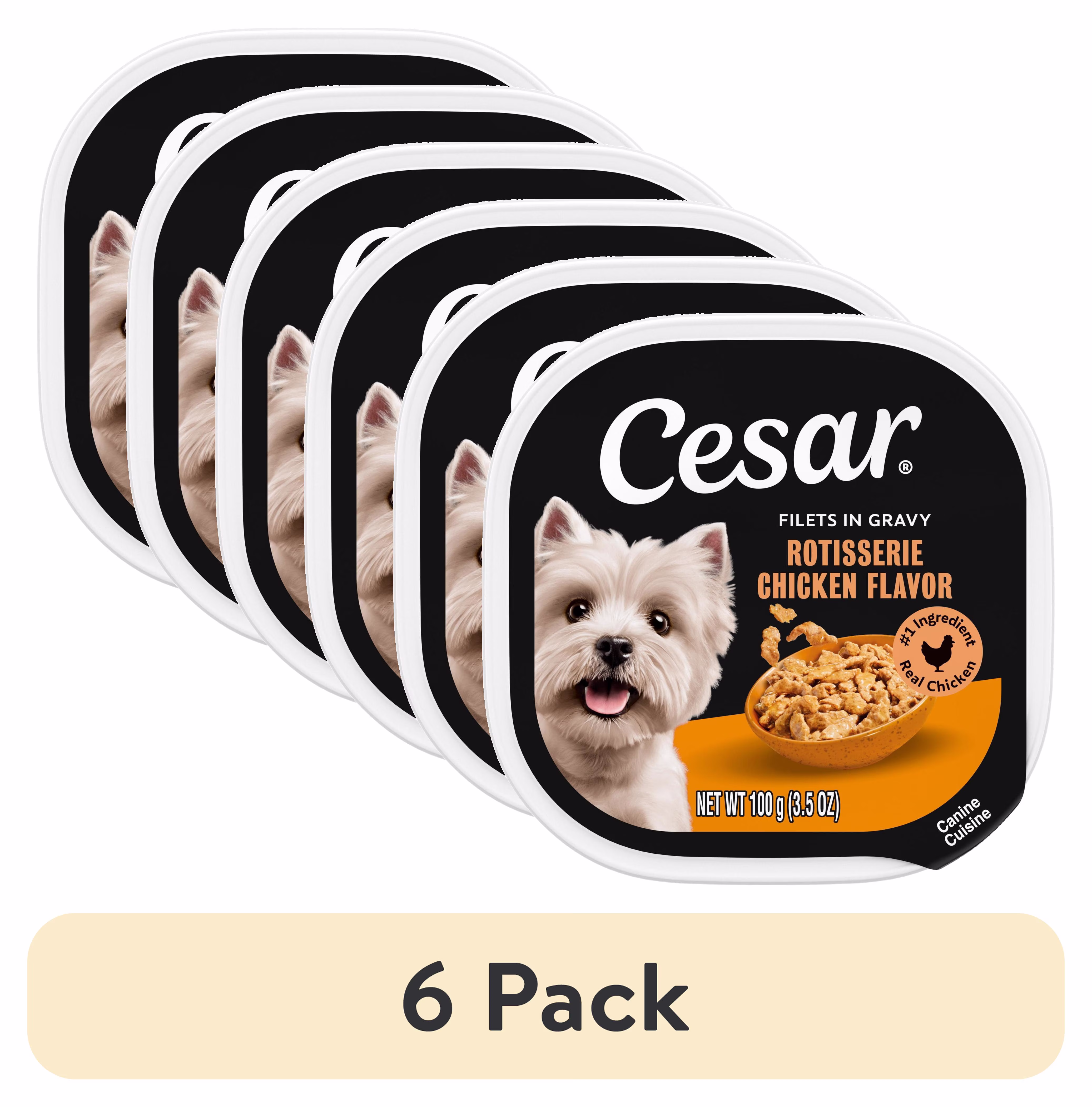 (6 pack) Cesar Filets in Gravy Wet Dog Food, Rotisserie Chicken Flavor, 3.5 oz. Tray