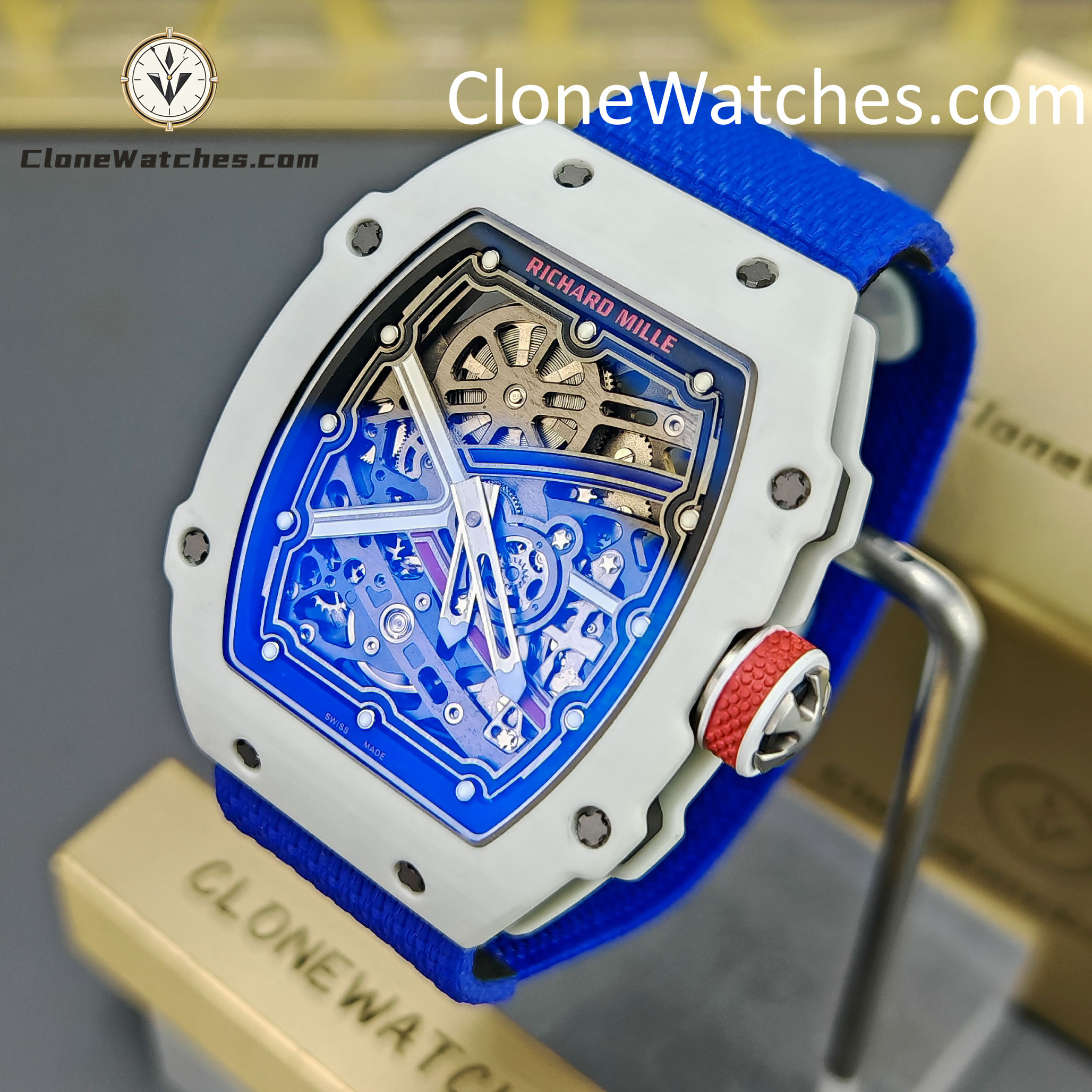 Richard Mille Super Clone Watches 1:1 RM 67 – 02 White Carbon Tourbillon Blue Strap