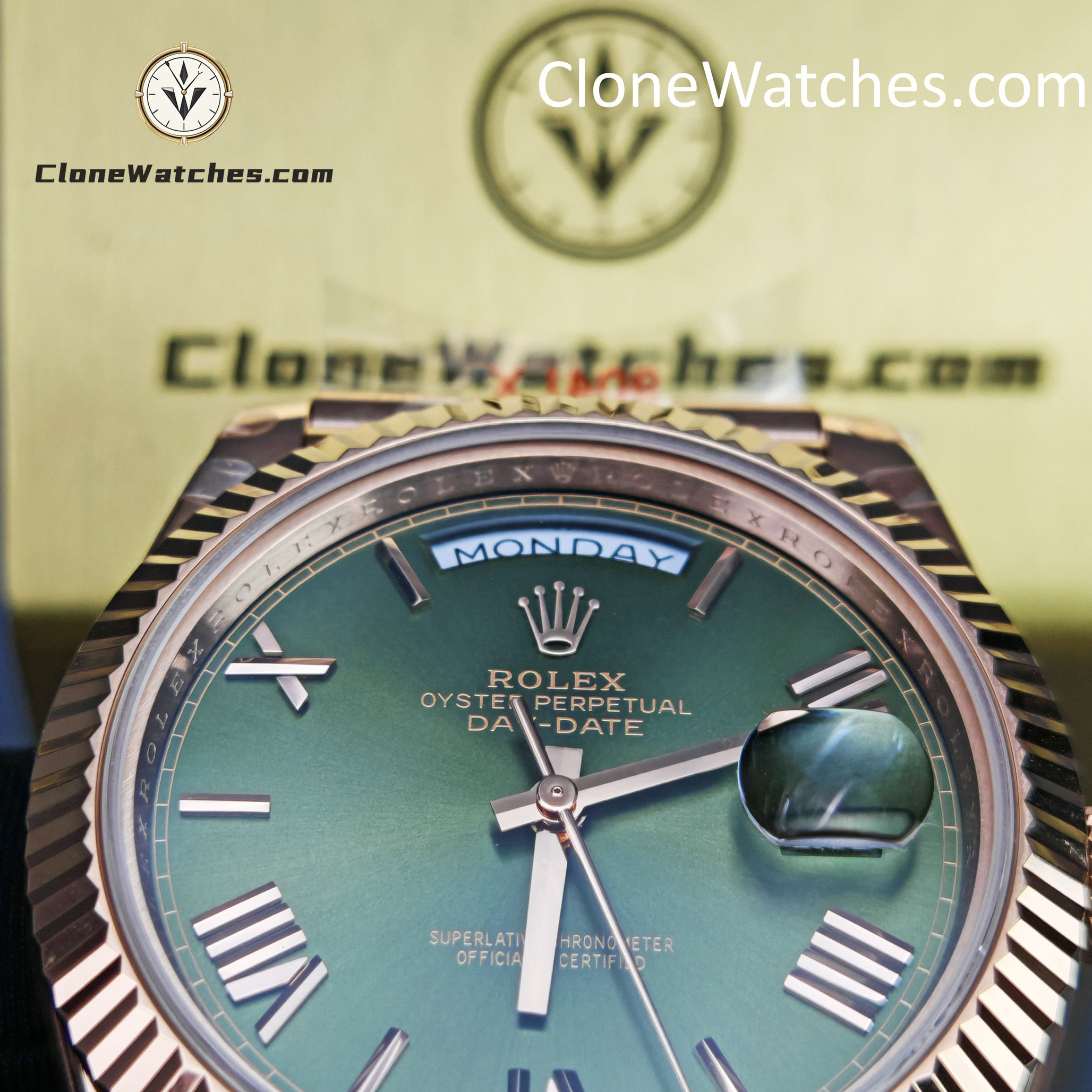 Rolex Super Clone Watches 1:1 Day Date 18K Rose Gold Olive Green Dial 40mm m228235-0025 3255 Movement