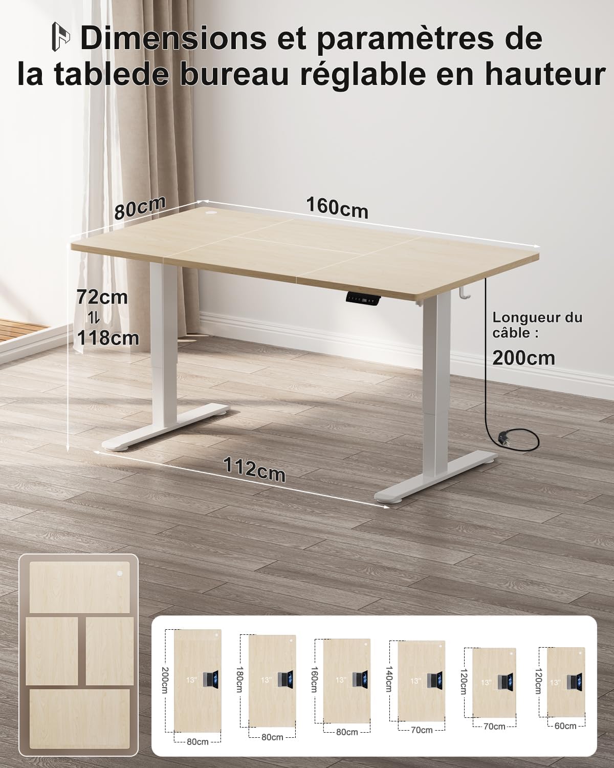 Bureau assis debout électrique 160x80 cm hauteur réglable mémoire anti collision