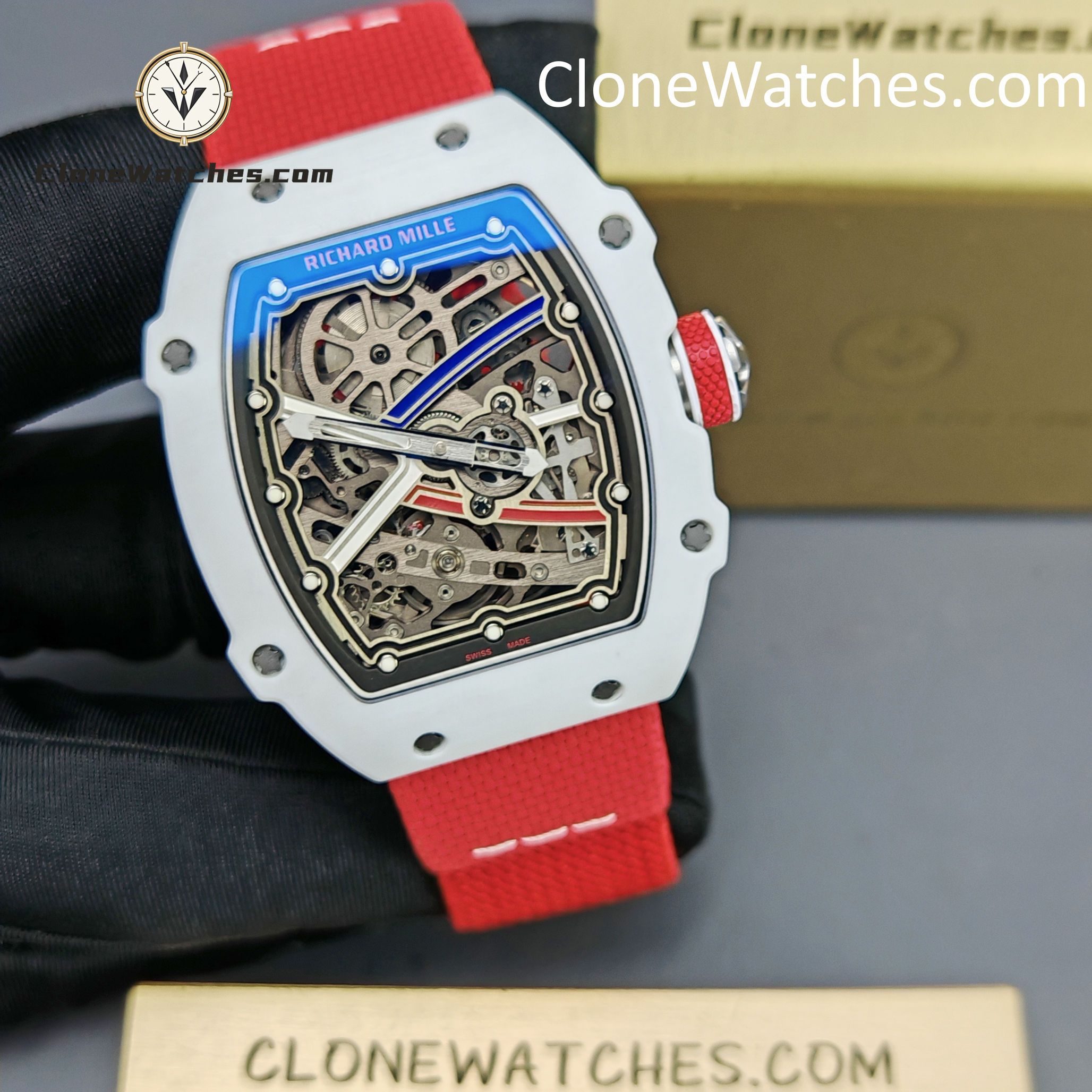 Richard Mille Super Clone Watches 1:1 RM 67 – 02 White Carbon Tourbillon Red Strap