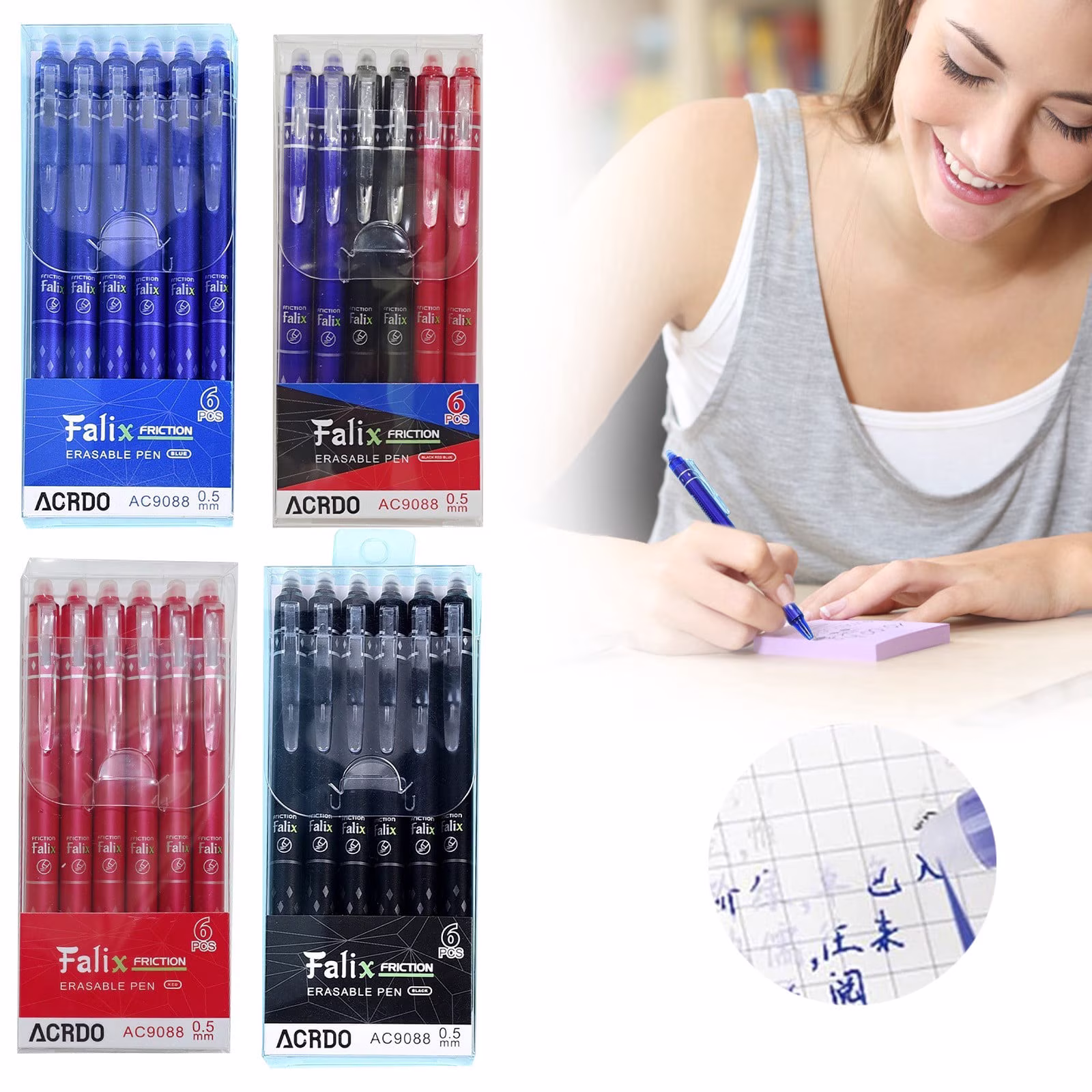 6Pcs Erasable Gel Ink Pens, Retractable Pens Black Ink Smooth Writing Pens 0.5mm Fine Point Pen for Drawing Writing Planner and Study Black