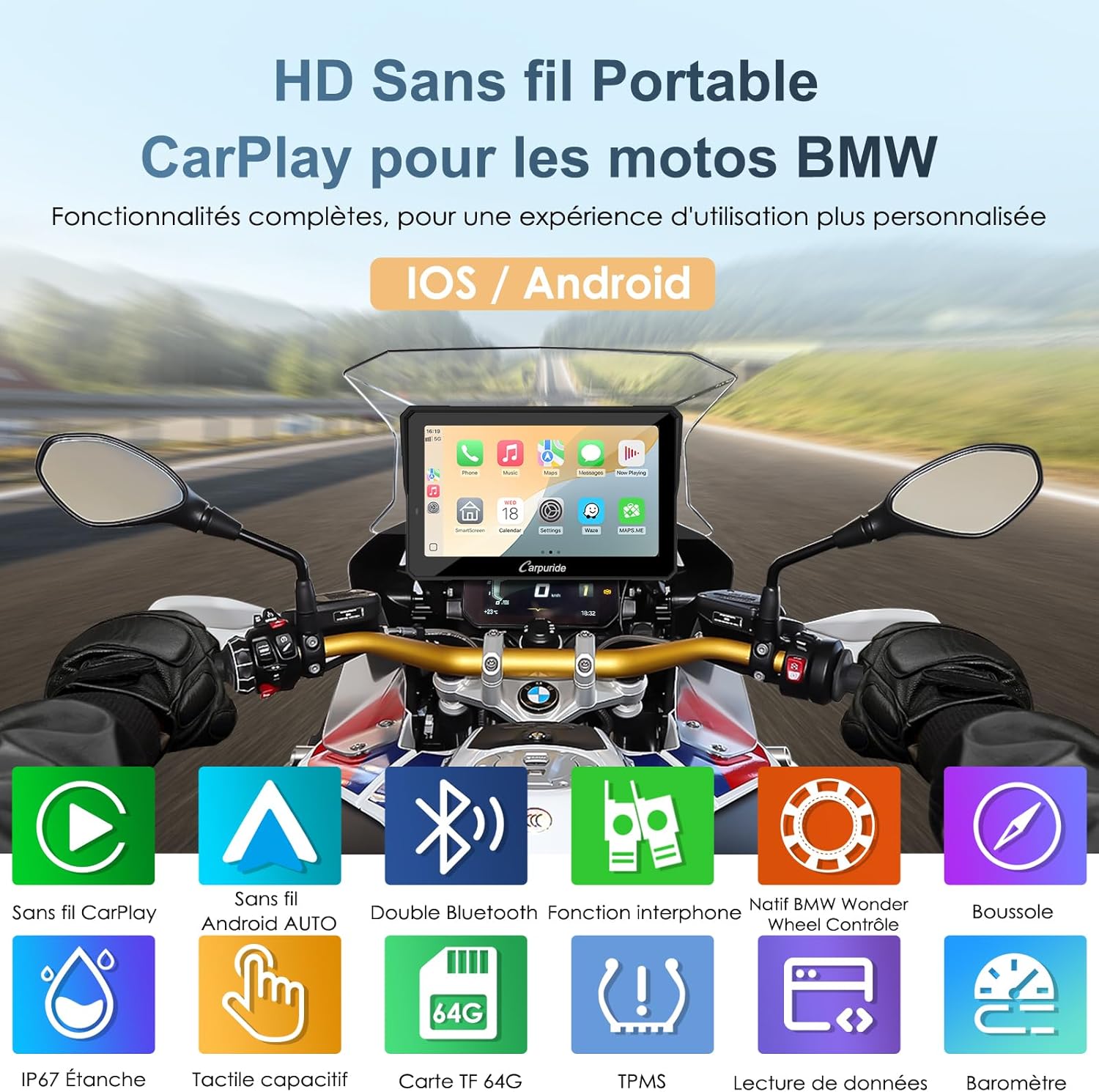Écran moto CarPlay Android Auto 7 pouces étanche double Bluetooth