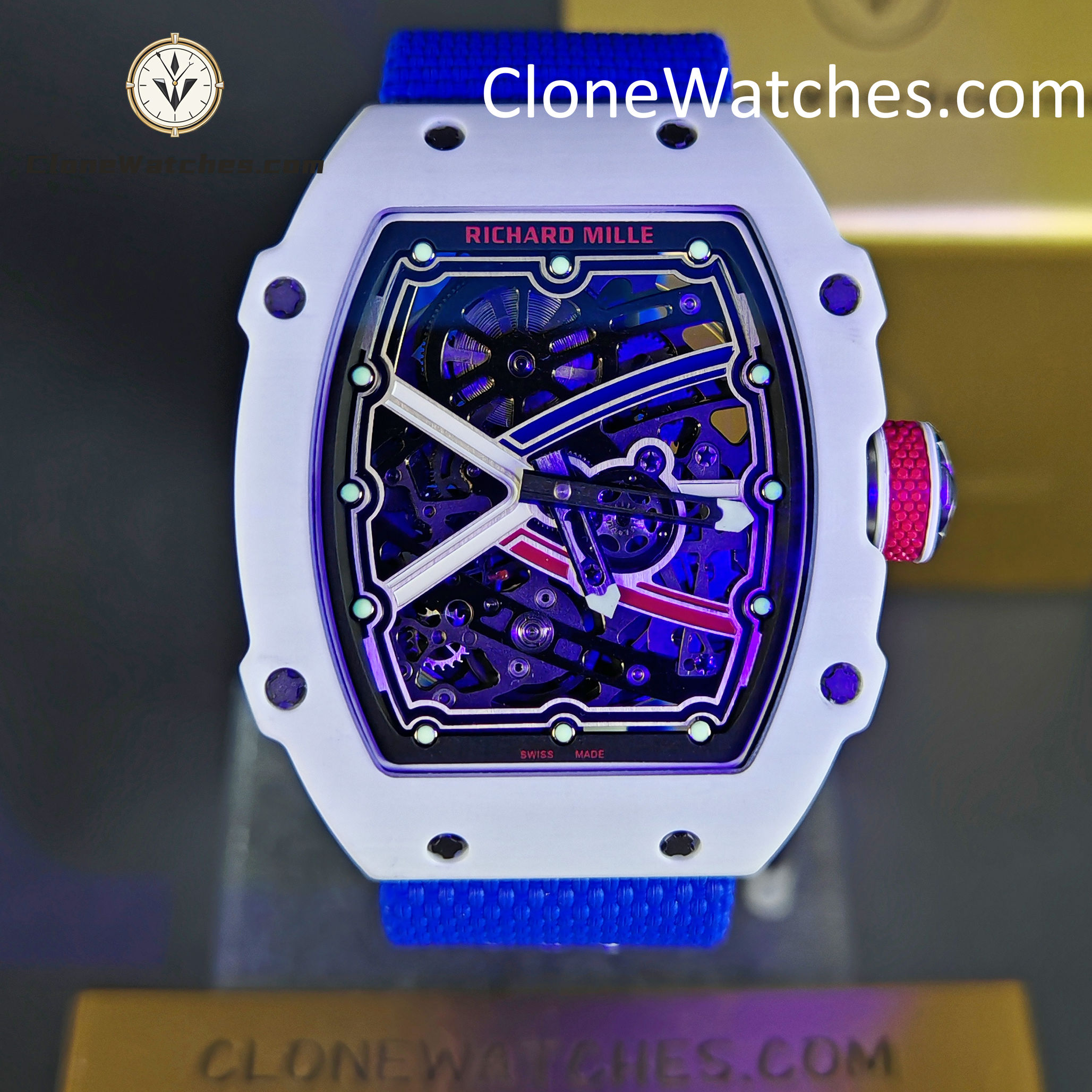 Richard Mille Super Clone Watches 1:1 RM 67 – 02 White Carbon Tourbillon Blue Strap