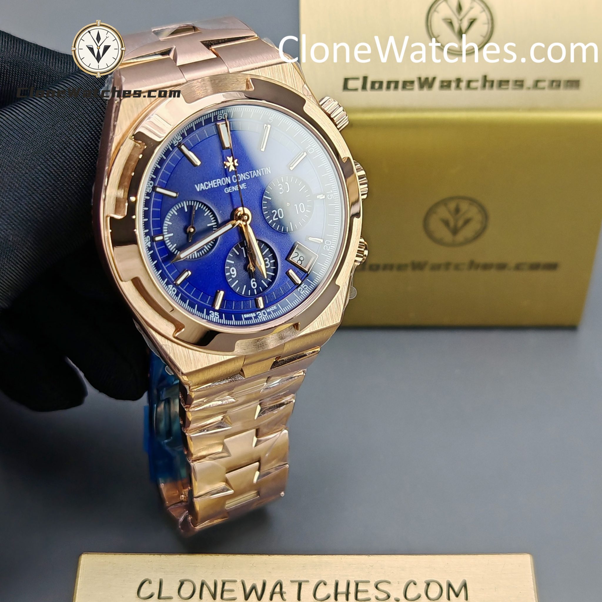 Vacheron Constantin Super Clone Watches 1:1 Overseas Chronograph Rose Gold 5500V/110R-B952 Blue Dial