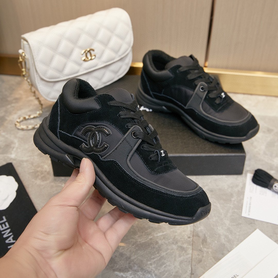 Chanel CC Logo Suede Leather Sneaker Black White Shoe