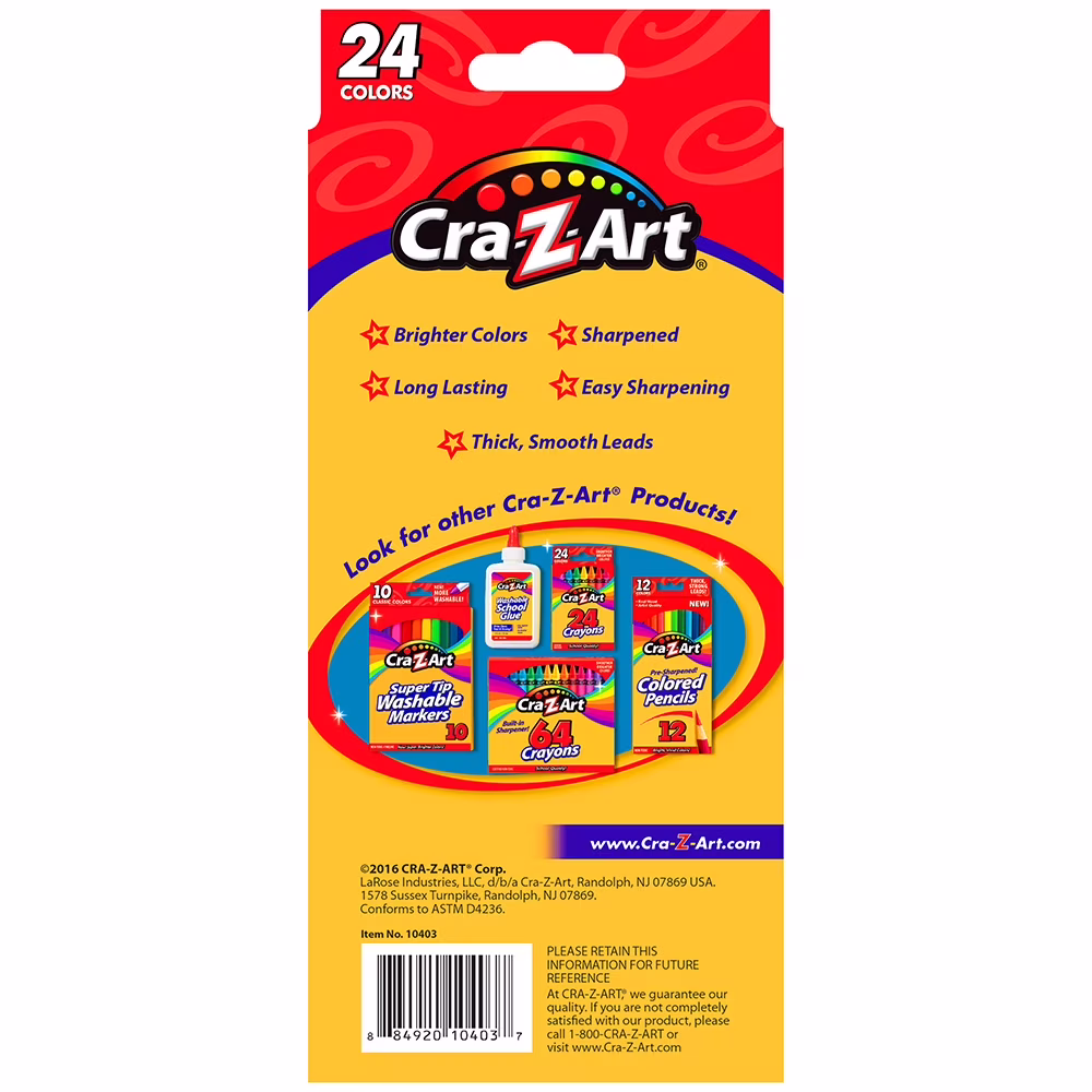 Cra-Z-Art Pre-Sharpened Colored Pencils, 24 Assorted Colors, Classroom Supplies