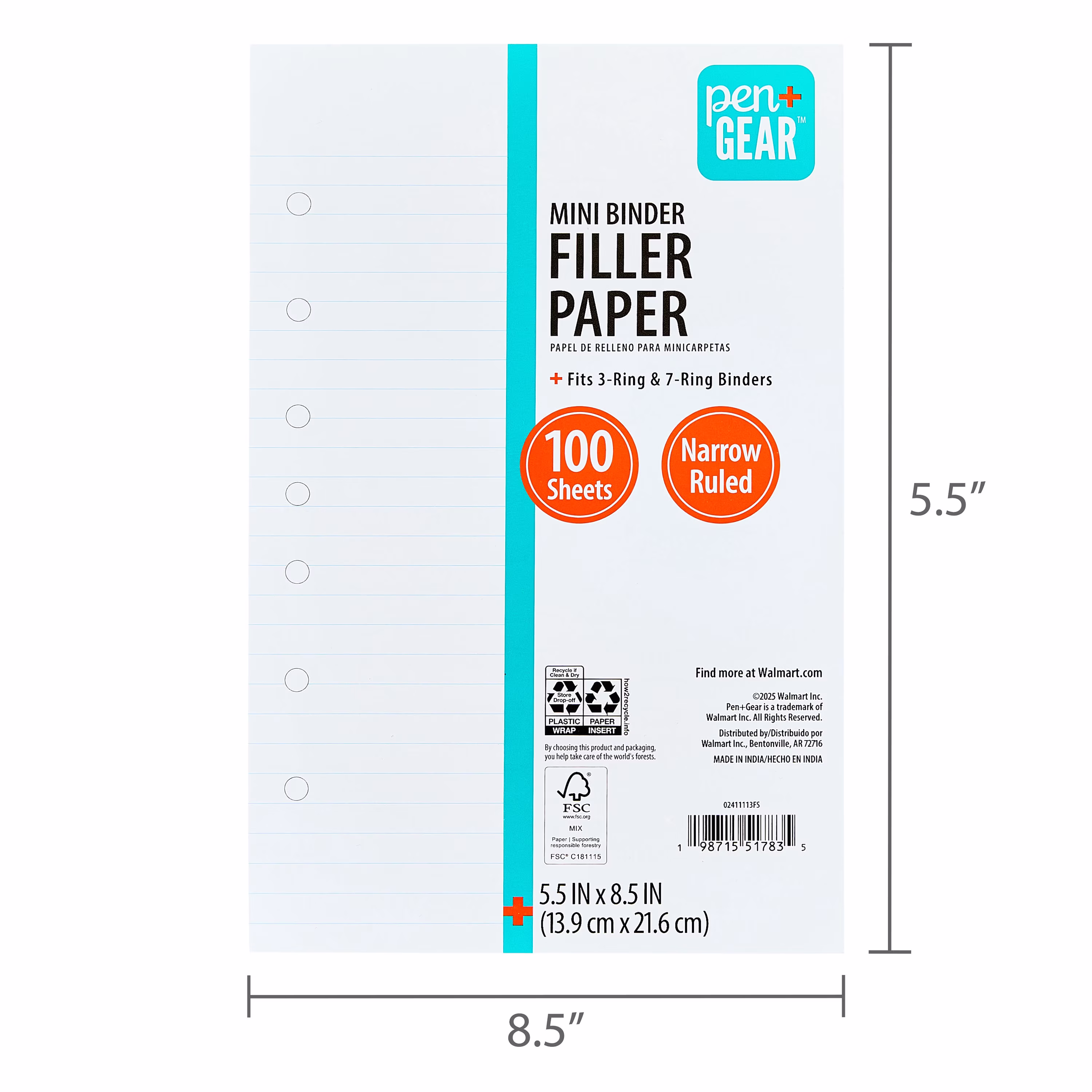 Pen+Gear Narrow Ruled Mini Binder Filler Paper, 5.5