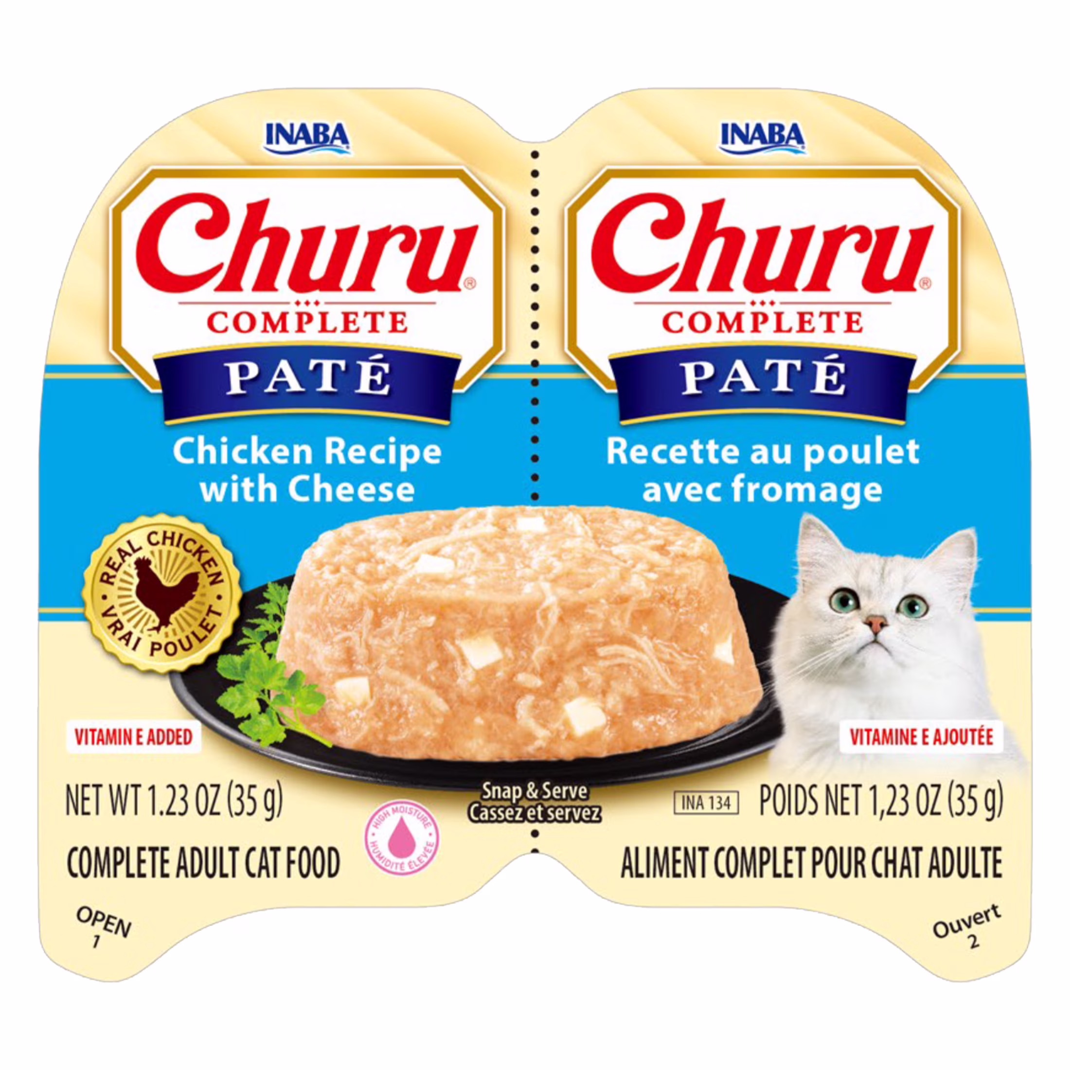 INABA Churu Complete Pate Wet Cat Food with Fish Oil, 1.23oz. per Serving, 2 Servings, Chicken Recipe with Cheese