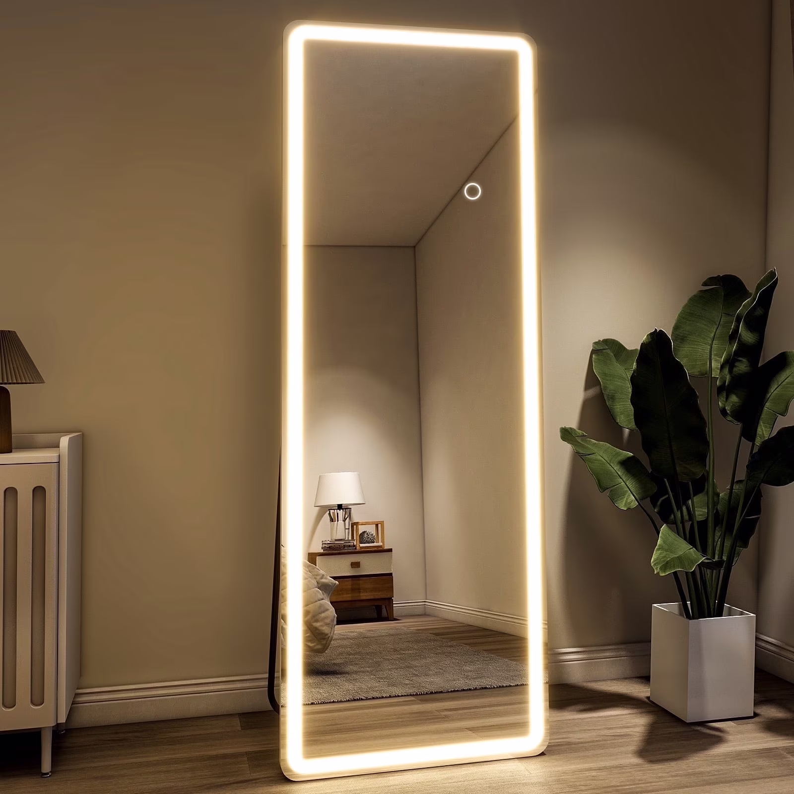 BEAUTYPEAK 64" x 21" LED Rectangular Full Length Mirror Standing Floor Mirror with Safe Corners, White