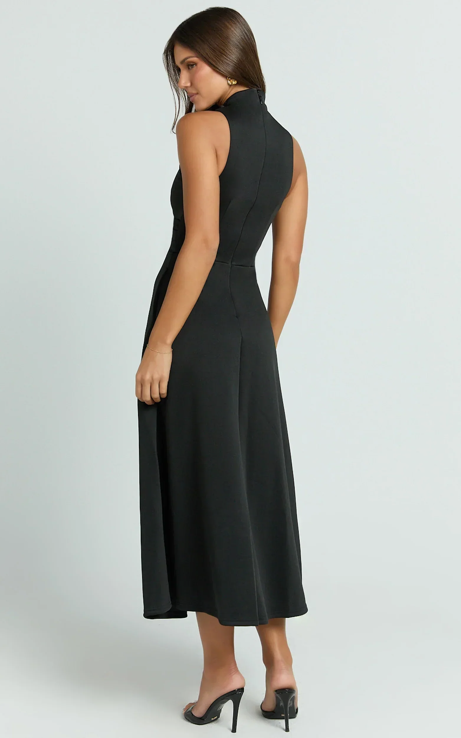 Macy Midi Dress - High Neck A Line Dress in Black