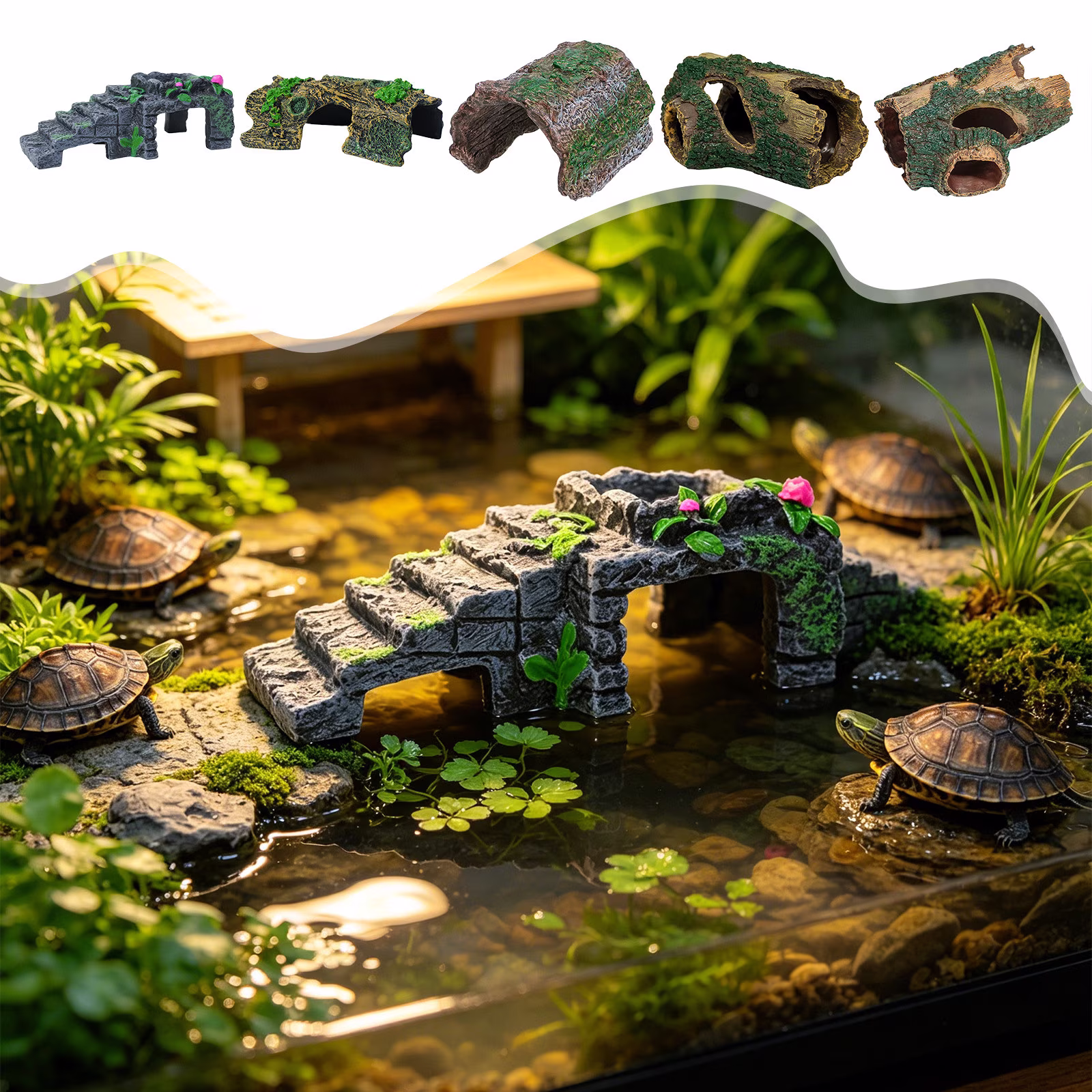 Qocolcyl Resin Reptile Basking Hideout Cave,Simulated Rock Log Ornament for Turtle Lizard Gecko Aquarium Terrarium Landscape Decor Accessories