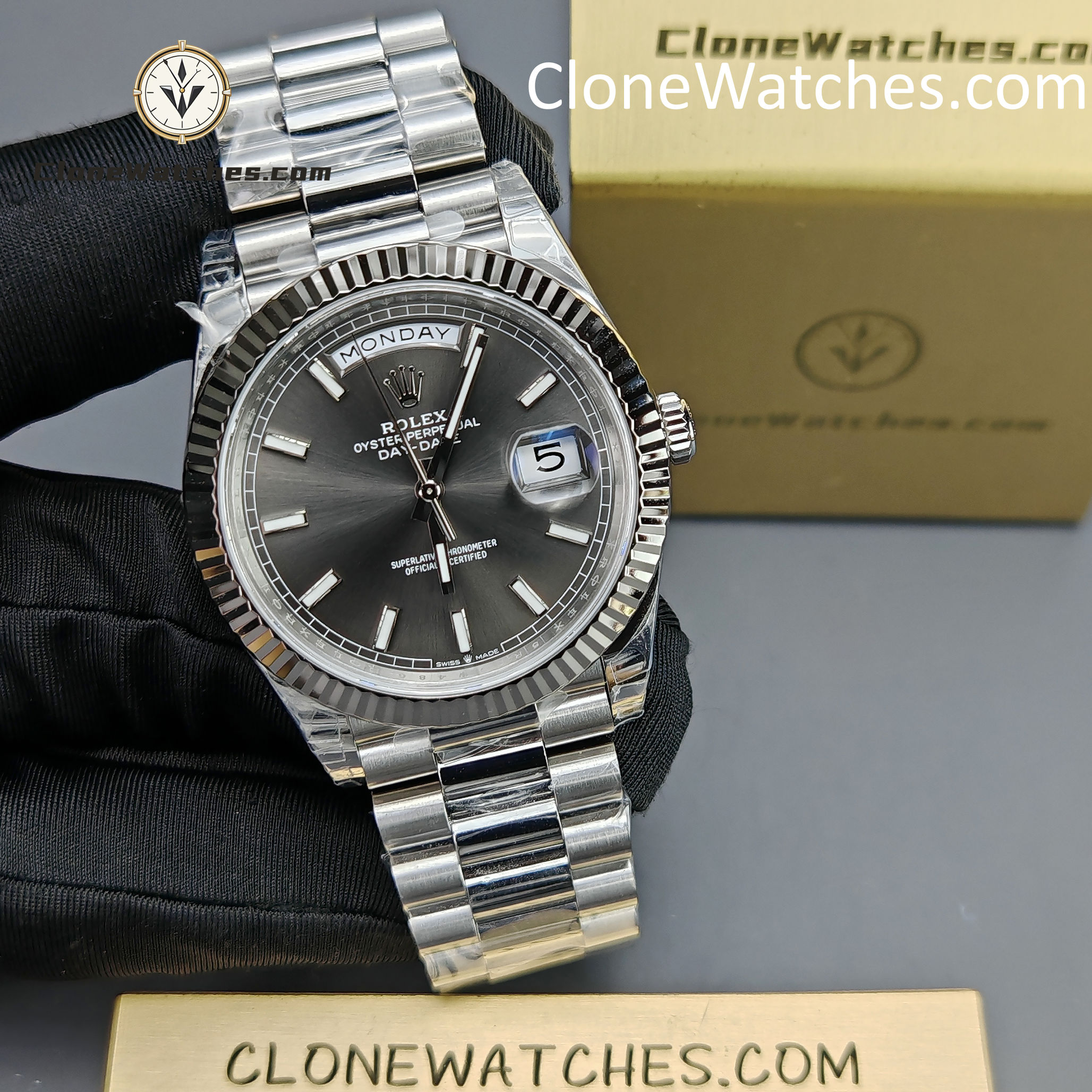 Rolex Super Clone Watches 1:1 Day Date Gray Dial 40mm m228239-0060 Presidential Bracelet VSF Version 3255 Movement