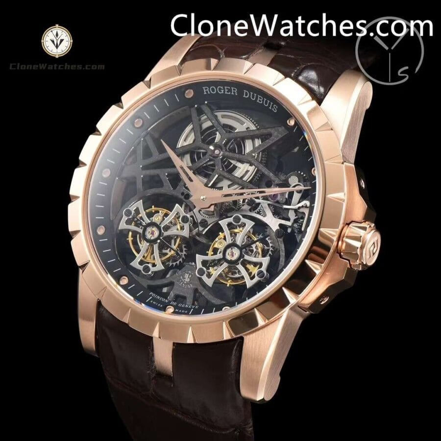 Roger Dubuis Super Clone Watches 1:1 Excalibur Rose Gold Skeleton Double Flying Tourbillon RDDBEX0395 45MM