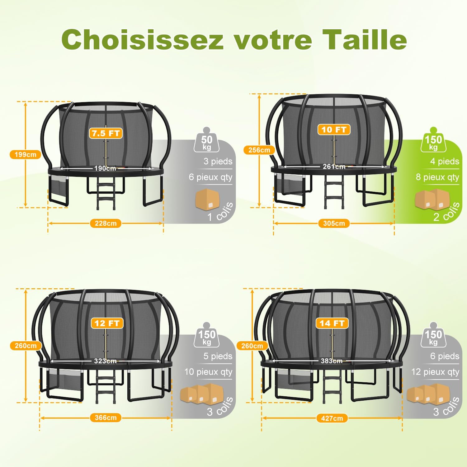 Trampoline extérieur 228 305 366 427 cm filet sécurité charge 150 kg