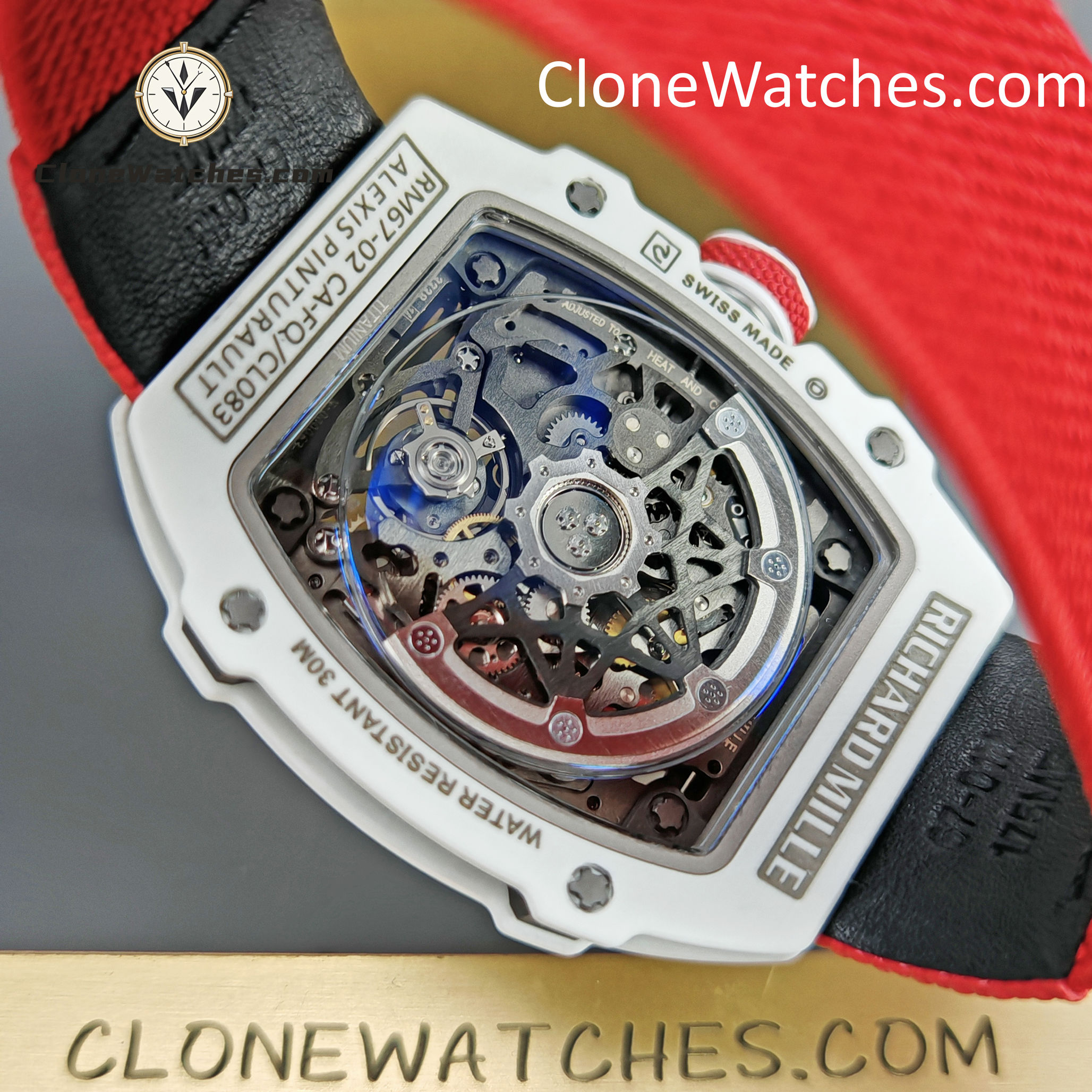 Richard Mille Super Clone Watches 1:1 RM 67 – 02 White Carbon Tourbillon Red Strap