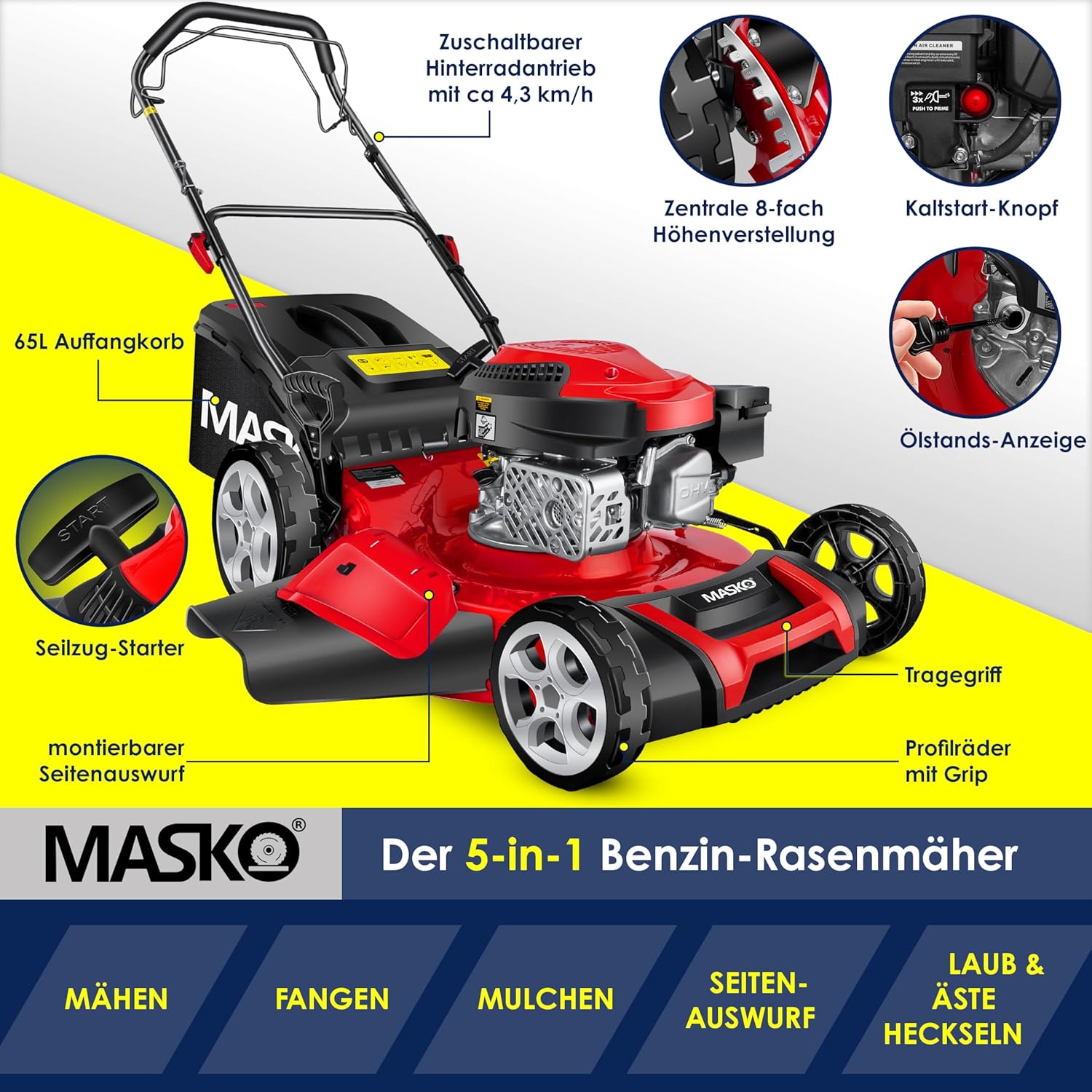 Tondeuse essence 5 en 1 roue motrice largeur coupe 51 cm mulching éjection latérale hauteur réglable