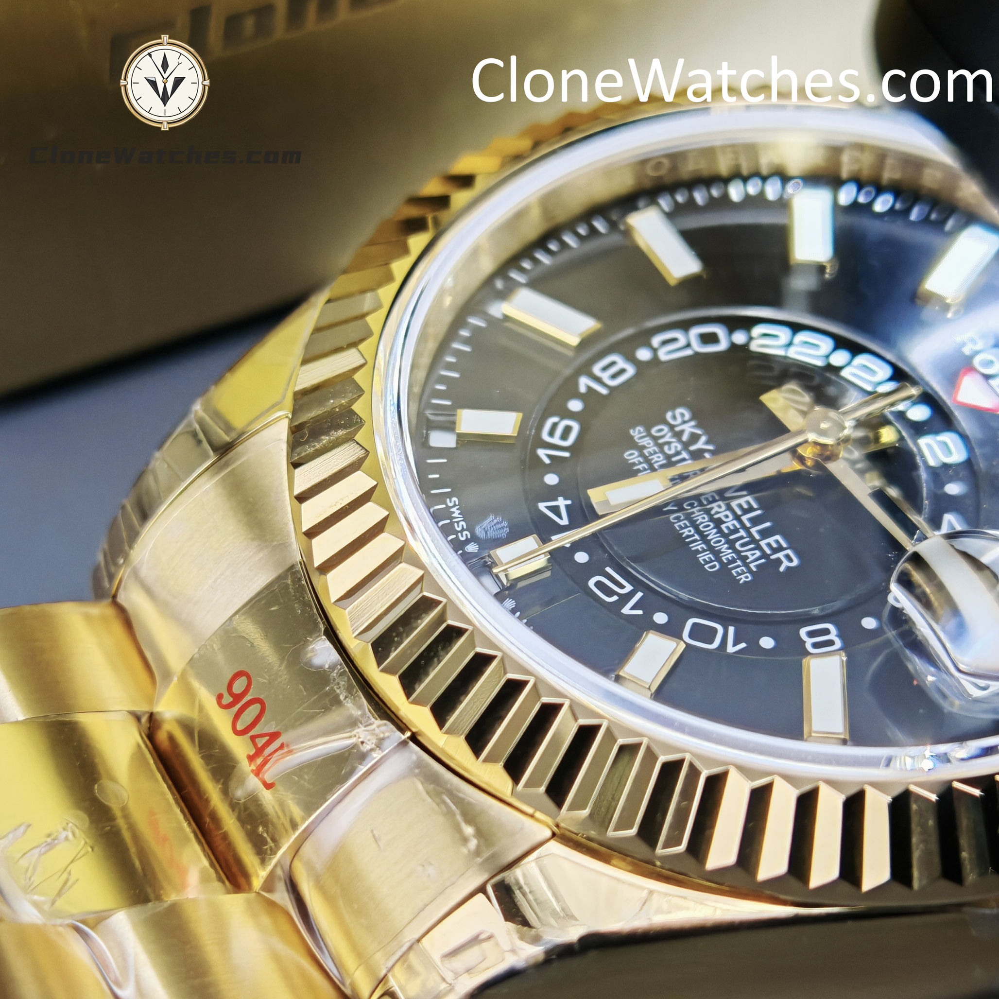 Rolex Super Clone Watches 1:1 Sky Dweller Yellow Gold Black Dial Oyster M336938-0002 9002 Movement
