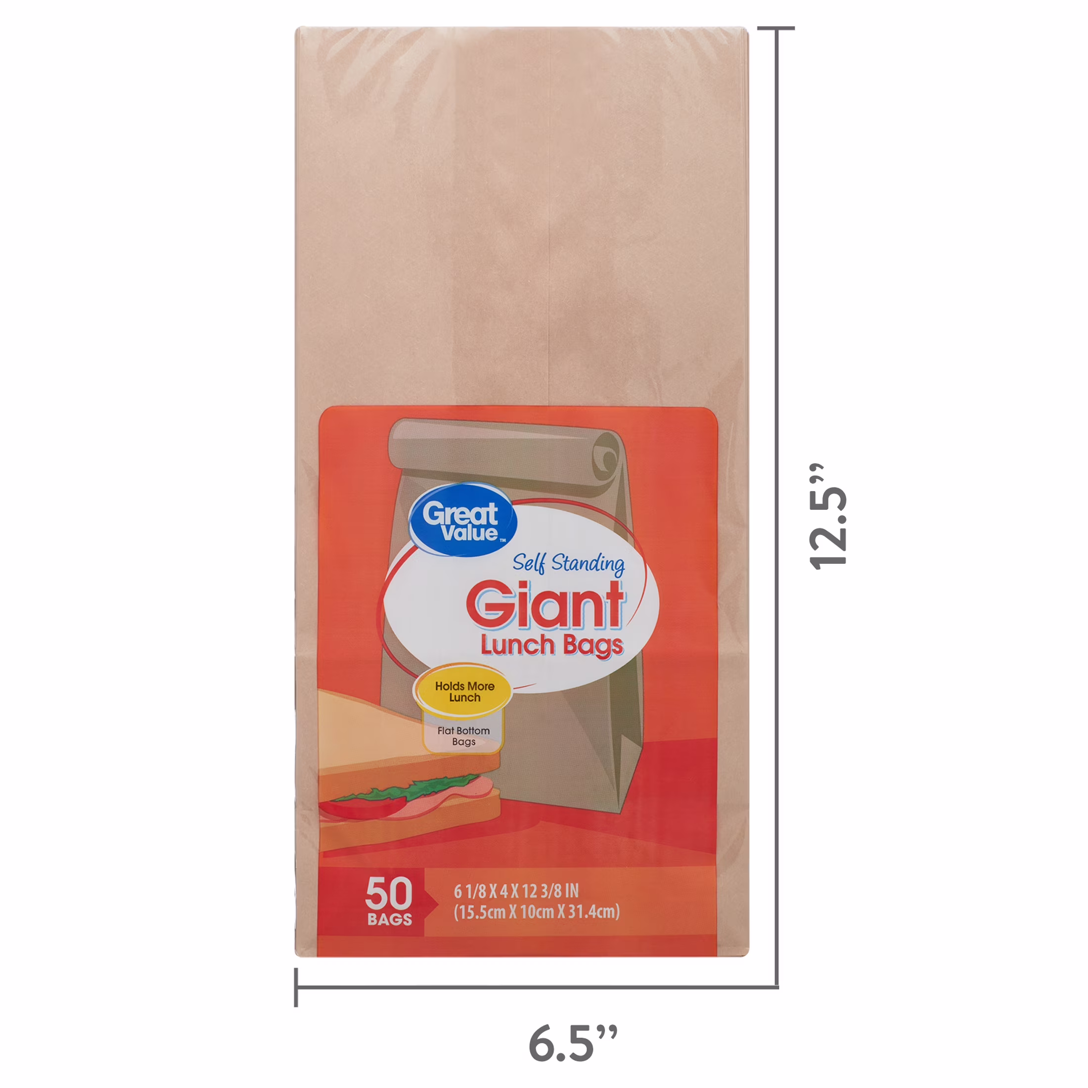 Great Value Self Standing Giant Lunch Bags, 50 Count