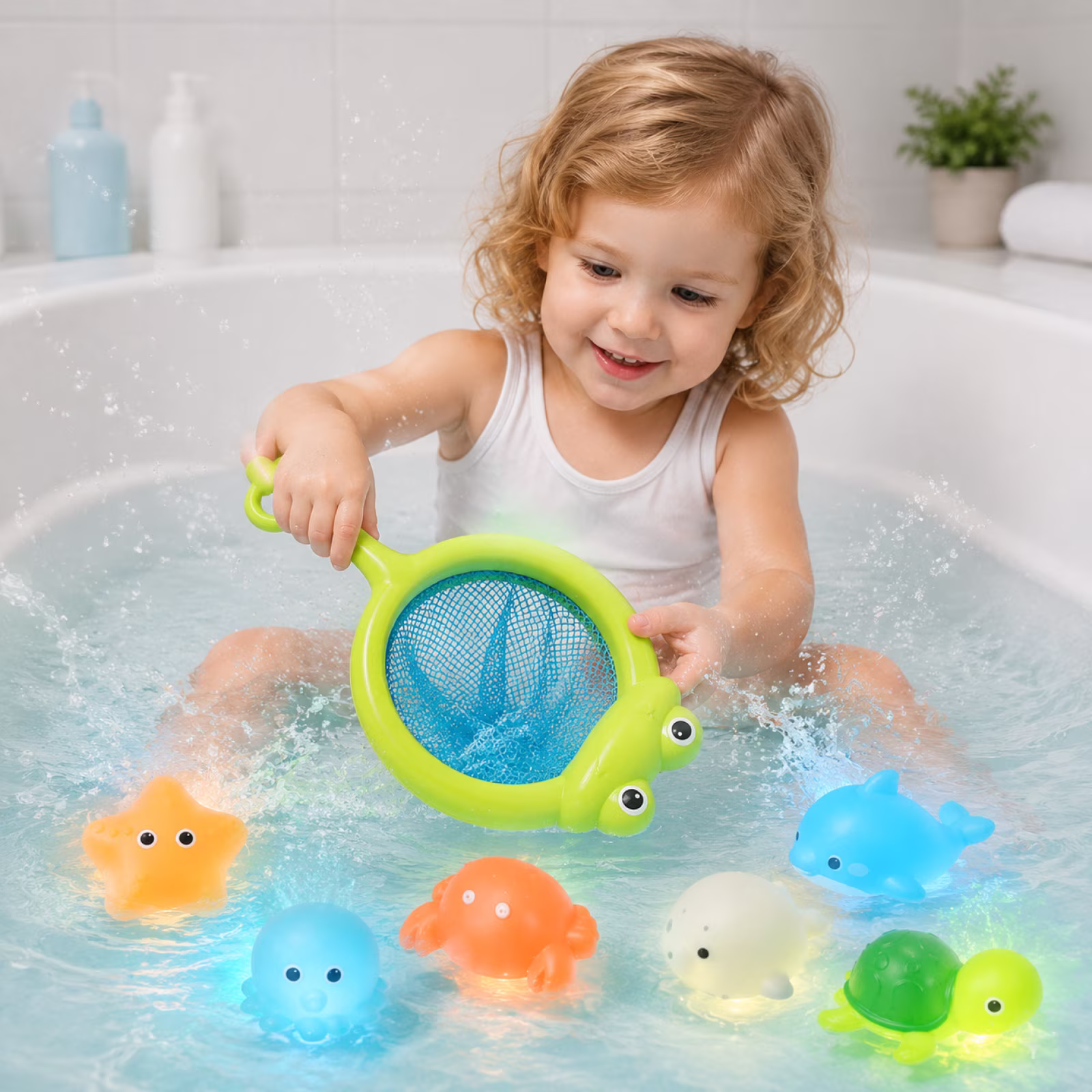 Bath Toys- Eco-Friendly Bath Toy for Toddlers, Bioplastic Frog Net, Develops Motor Skills, Ages 1-3