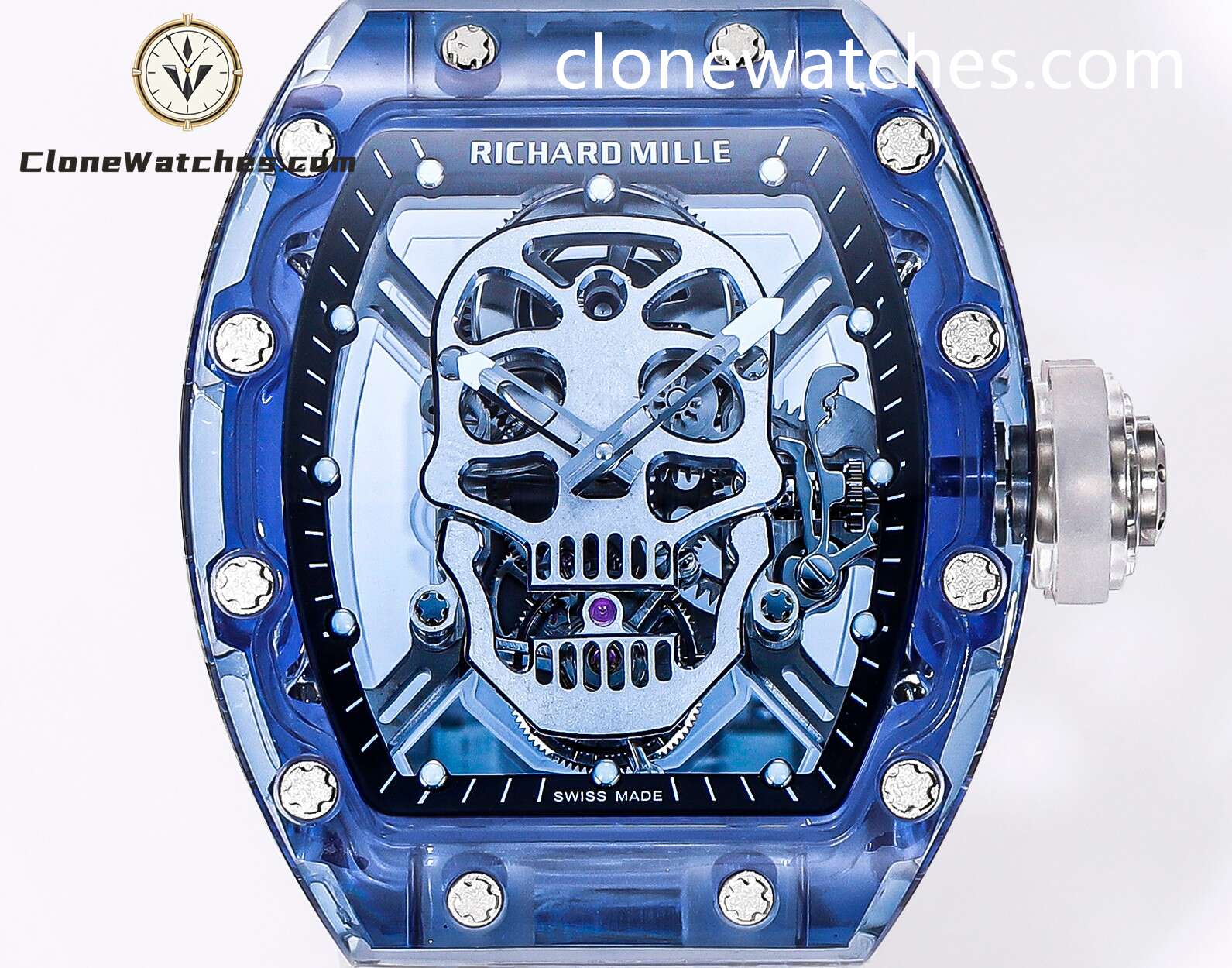 Richard Mille Super Clone Watches 1:1 RM 052 Blue Crystal Full Transparent Tourbillon White Strap