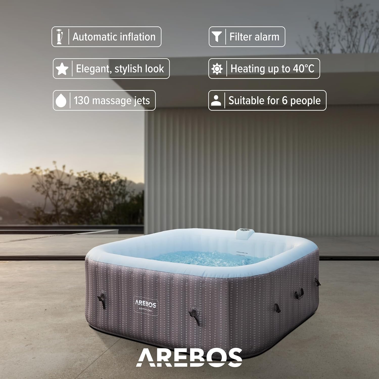 Spa gonflable 2400W extérieur 6 personnes 185 x 185 cm 130 buses massage 910 L chauffage gonflage bouton poussoir couverture incluse