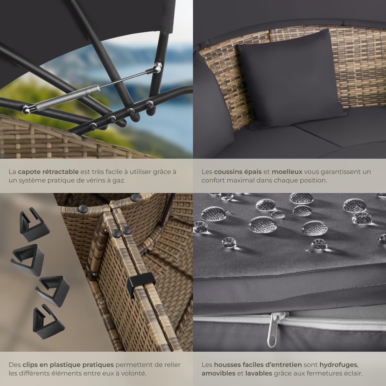 Bain de soleil modulable résine tressée pare soleil pliable coussins inclus