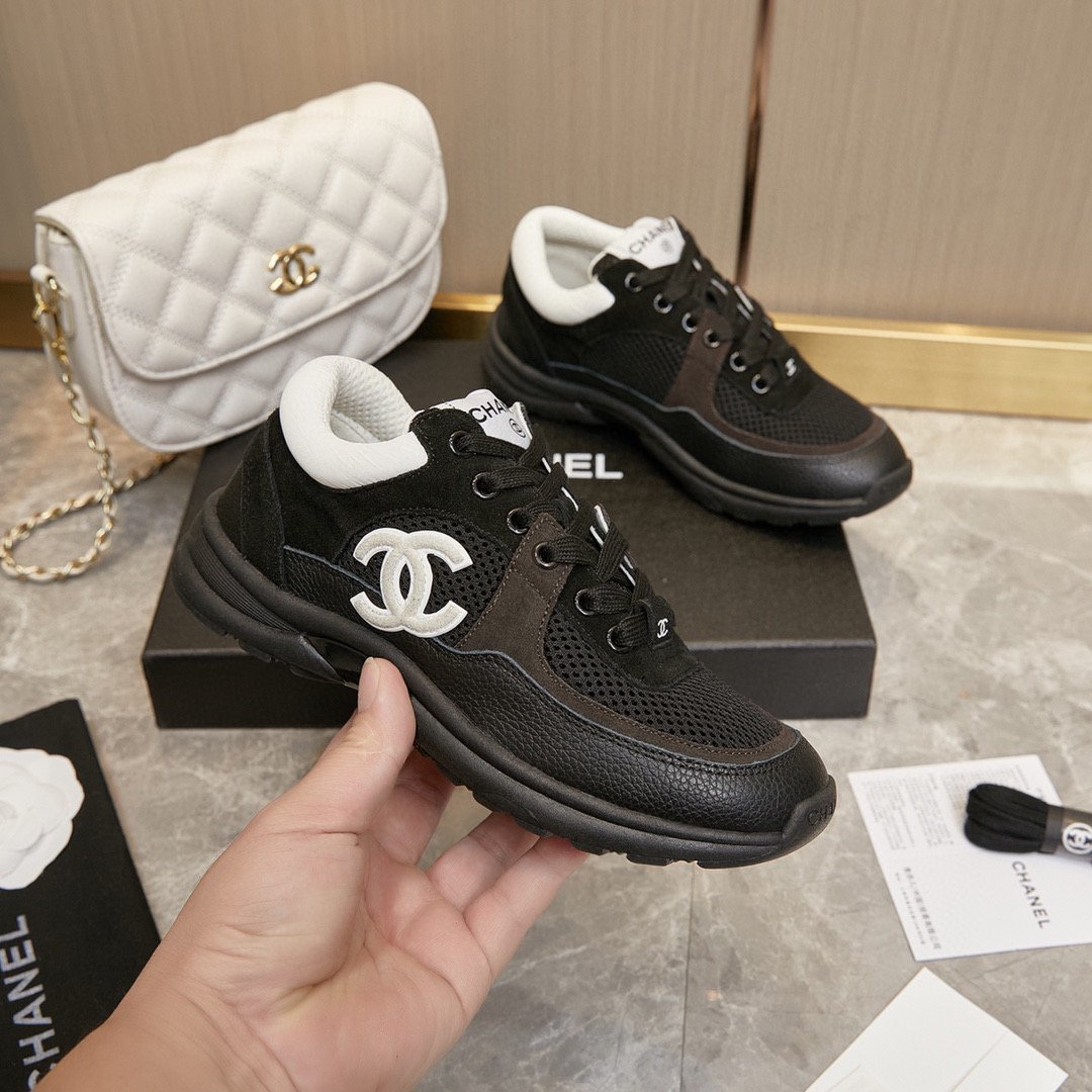 Chanel CC Logo Suede Leather Sneaker Black White Shoe