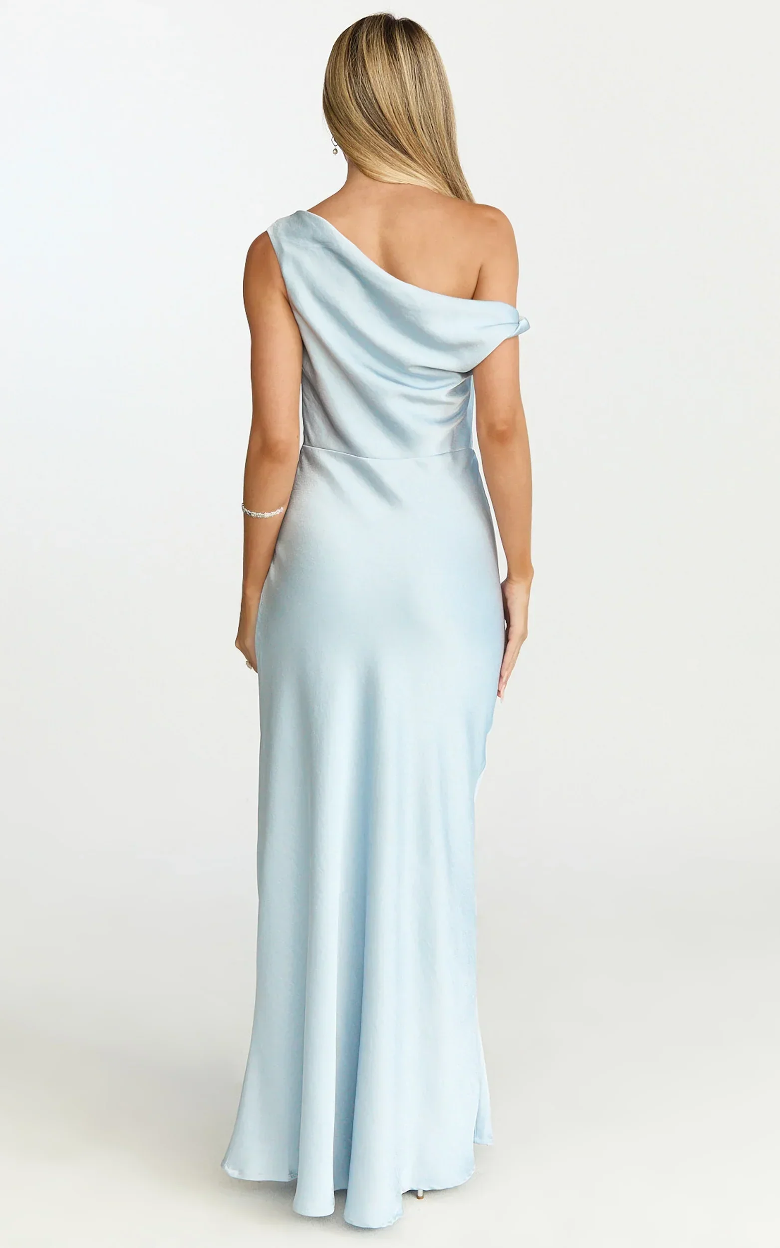 Lira Midi Dress - One Shoulder Satin Dress in Pale Blue