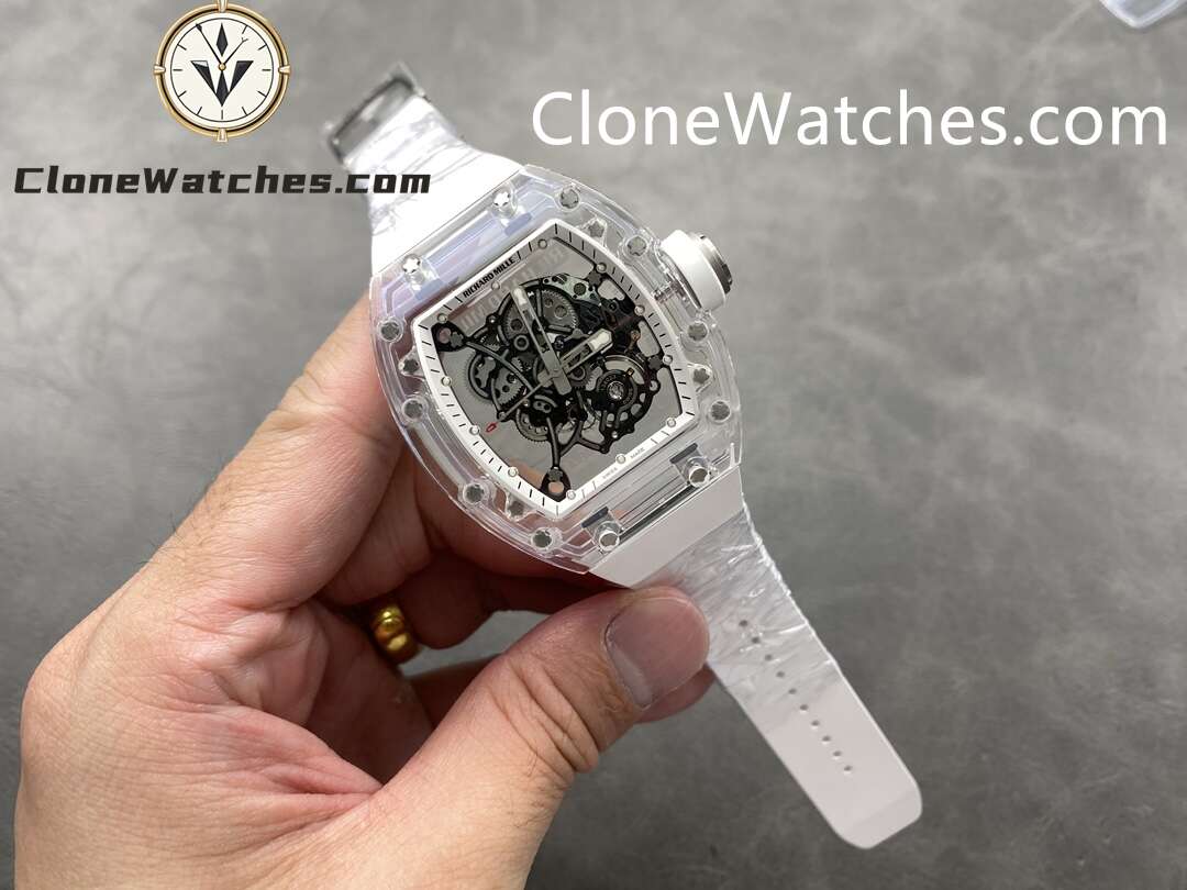 Richard Mille Super Clone Watches 1:1 RM 055 Ceramics Tourbillon Fully Transparent White Strap