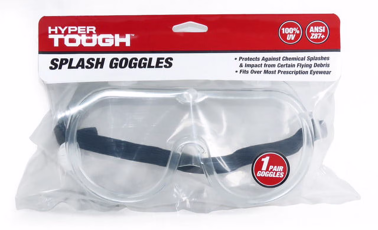 Hyper Tough Splash Goggles, Clear 100% UV Block. Safety Goggle Eye Ojo.