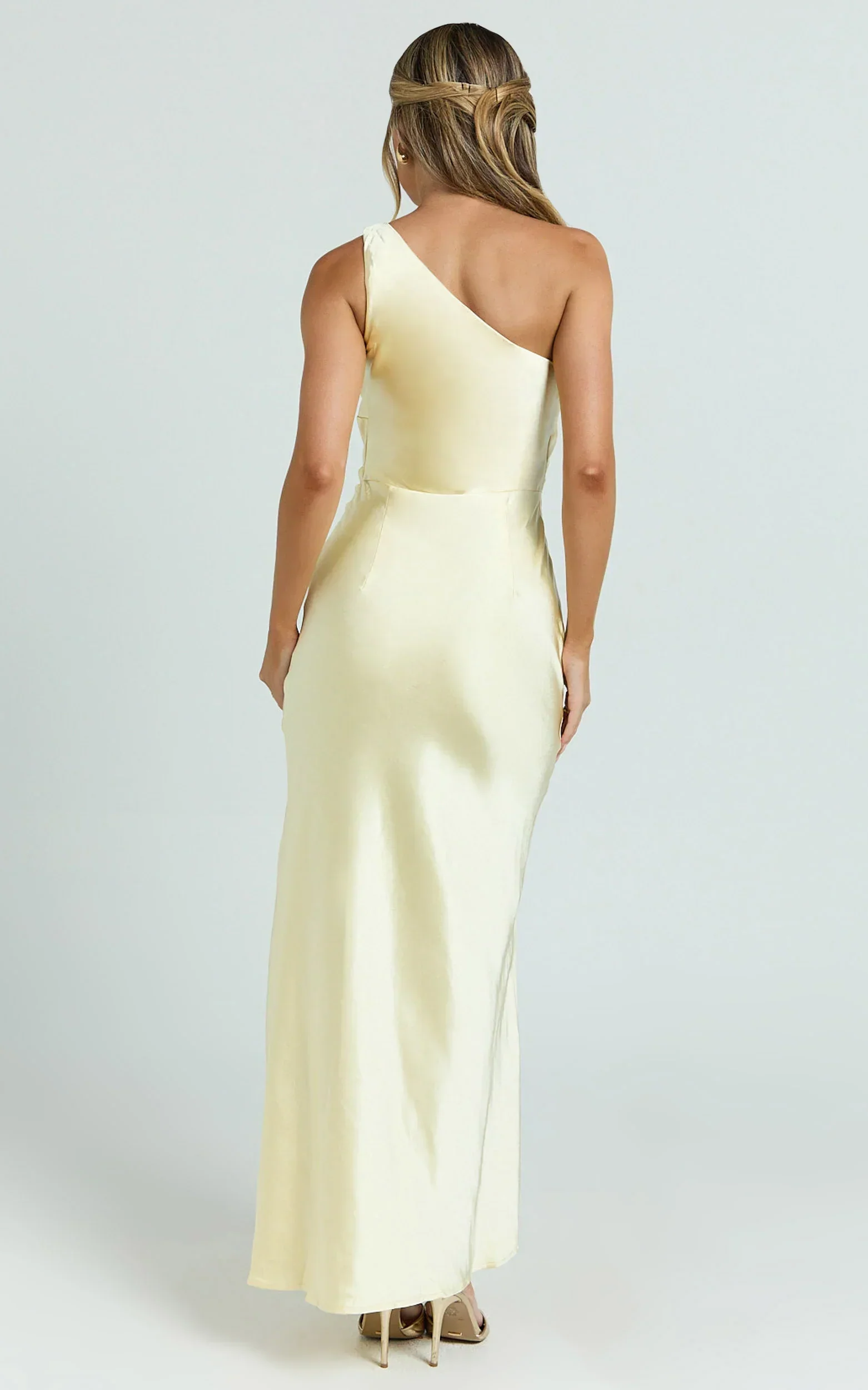 Isla Maxi Dress - Satin One Shoulder Side Split Dress in Lemon