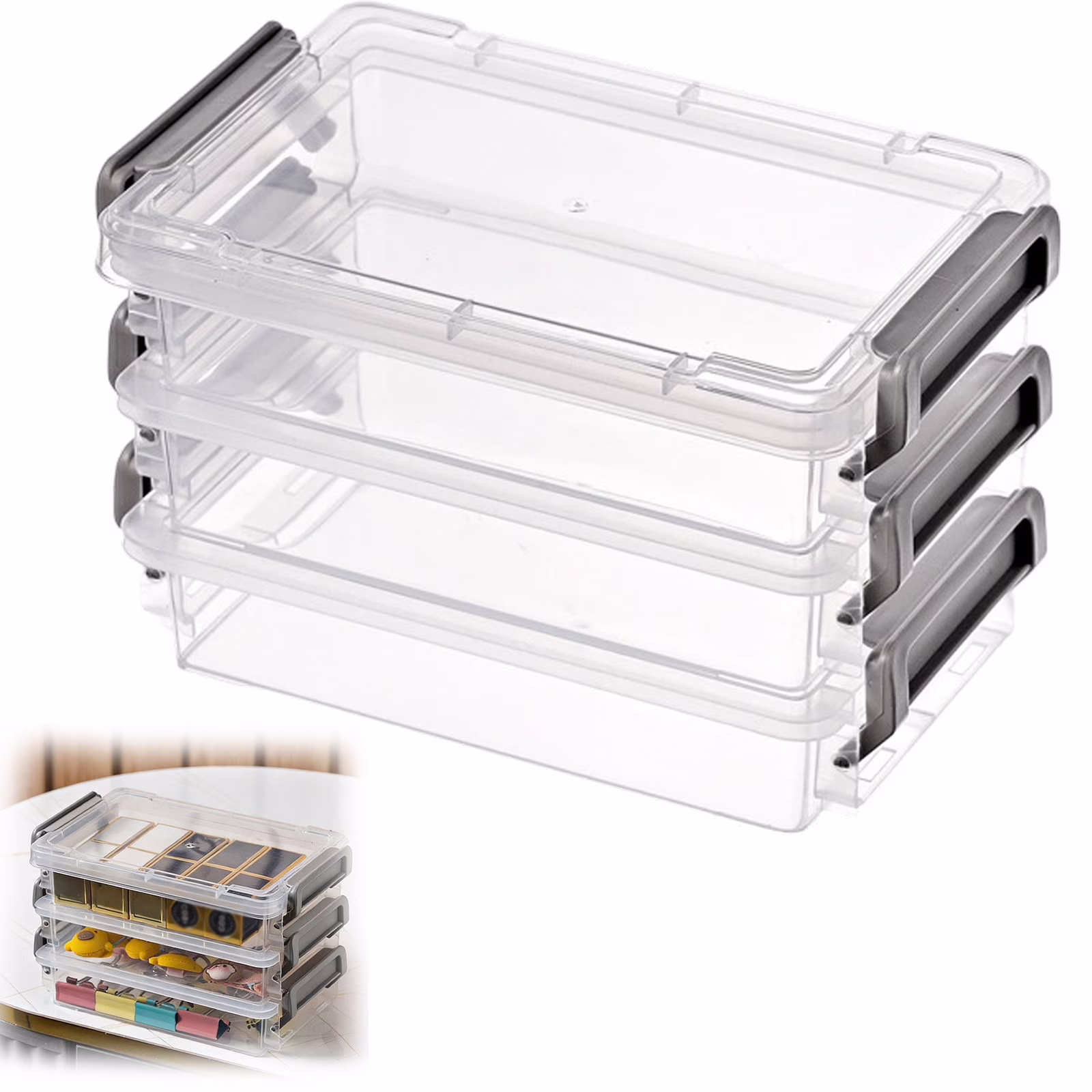 FENGGHAO Small Plastic Storage Container with Lid Stackable Organizer Box for Home Office Crafts Scrapbook 6.3*3.9in
