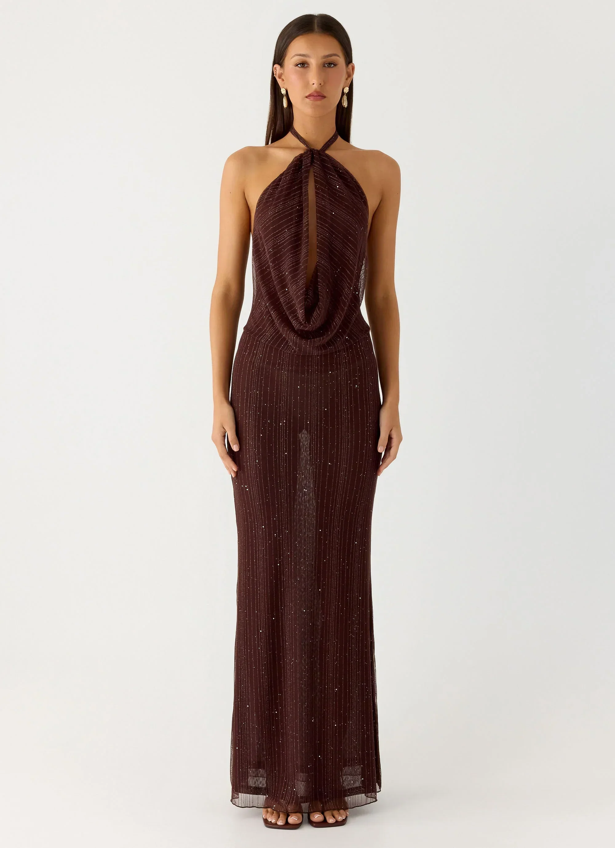 Haylan Sparkle Mesh Maxi Dress - Chocolate