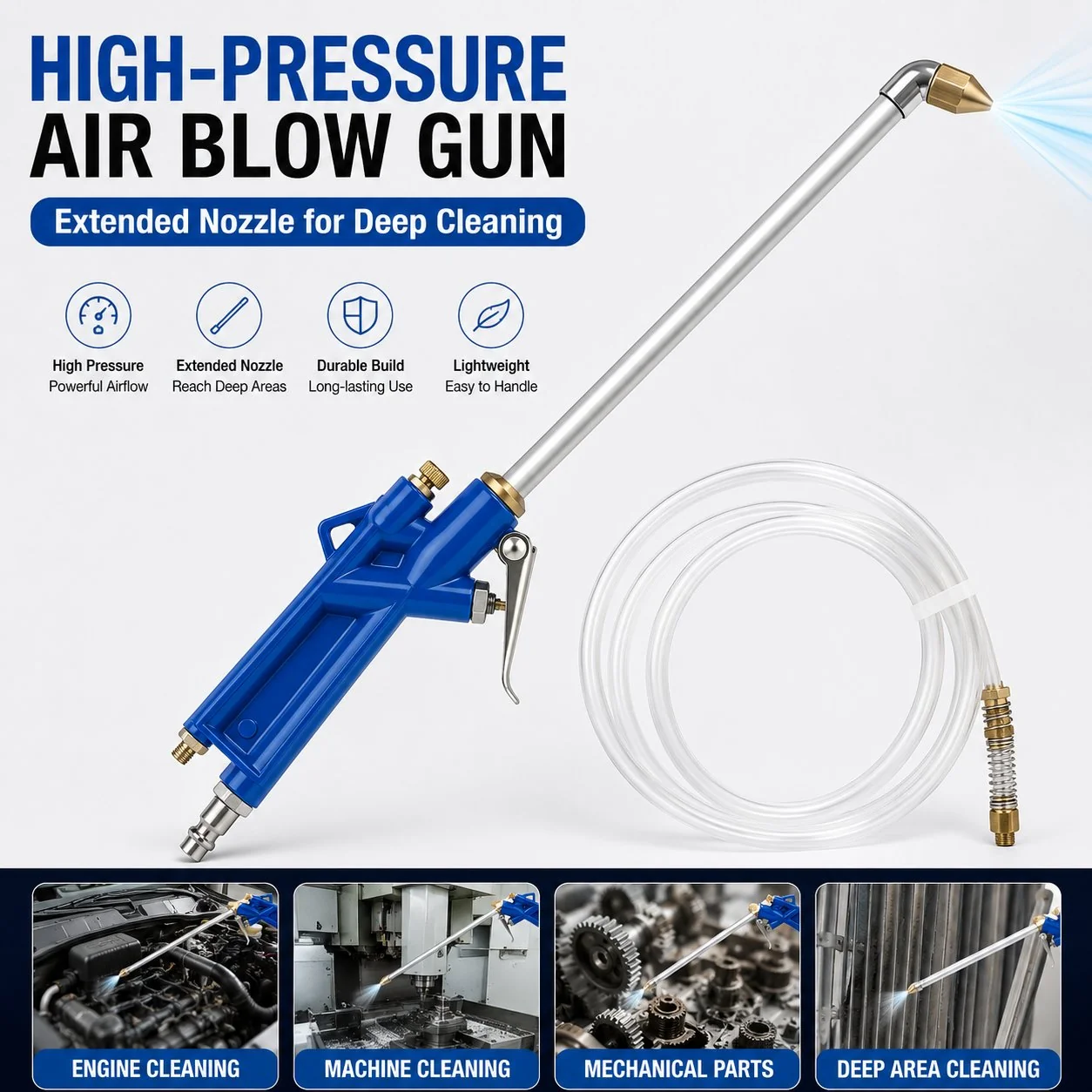 High-Pressure Pneumatic Air Blow Gun with Extended Nozzle for Engine & Mechanical Deep Cleaning