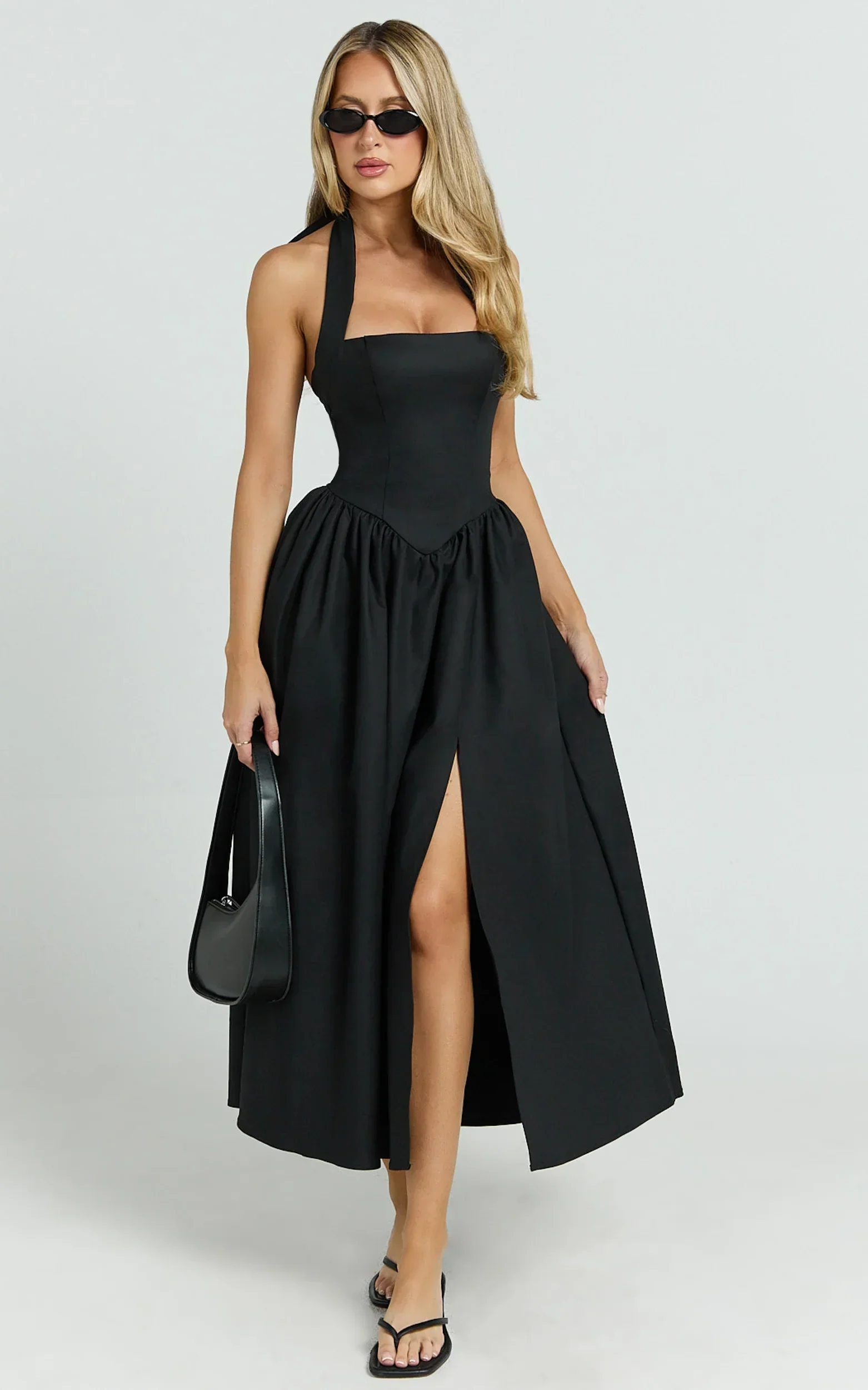 Helda Midi Dress - Halter Tie Neck Corset Panel Dress in Black