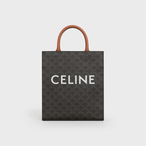 CELINE SMALL CABAS VERTICAL IN TRIOMPHE CANVAS AND CALFSKIN TAN